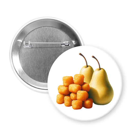 A white button with a yellow pear and a pile of golden brown potato tots.
