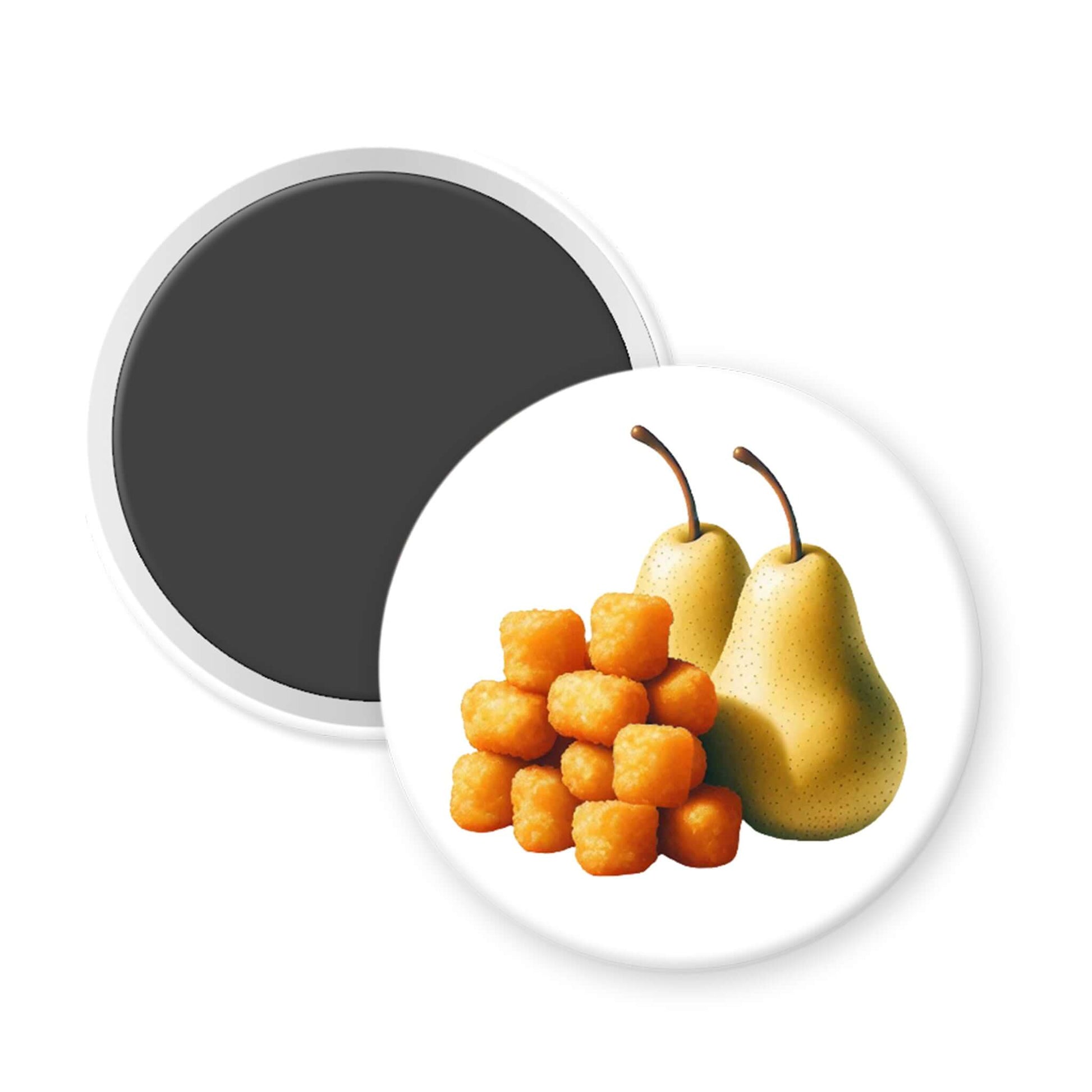Round magnet with two pears and a pile of golden brown potato tots.