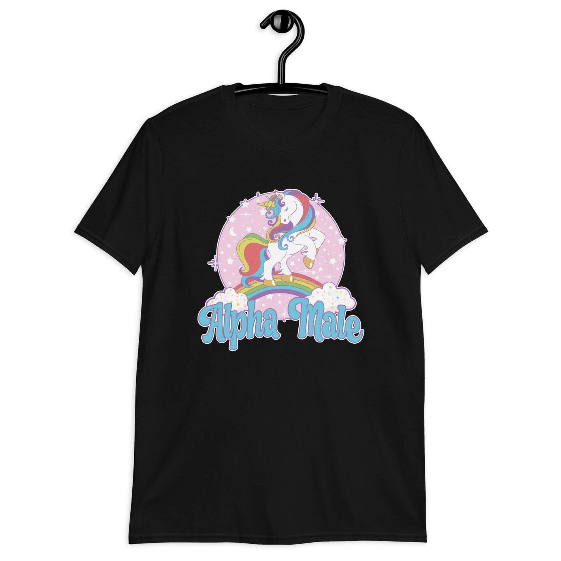 Black t-shirt with funny pastel rainbow unicorn graphics and the words Alpha Male printed on the front.