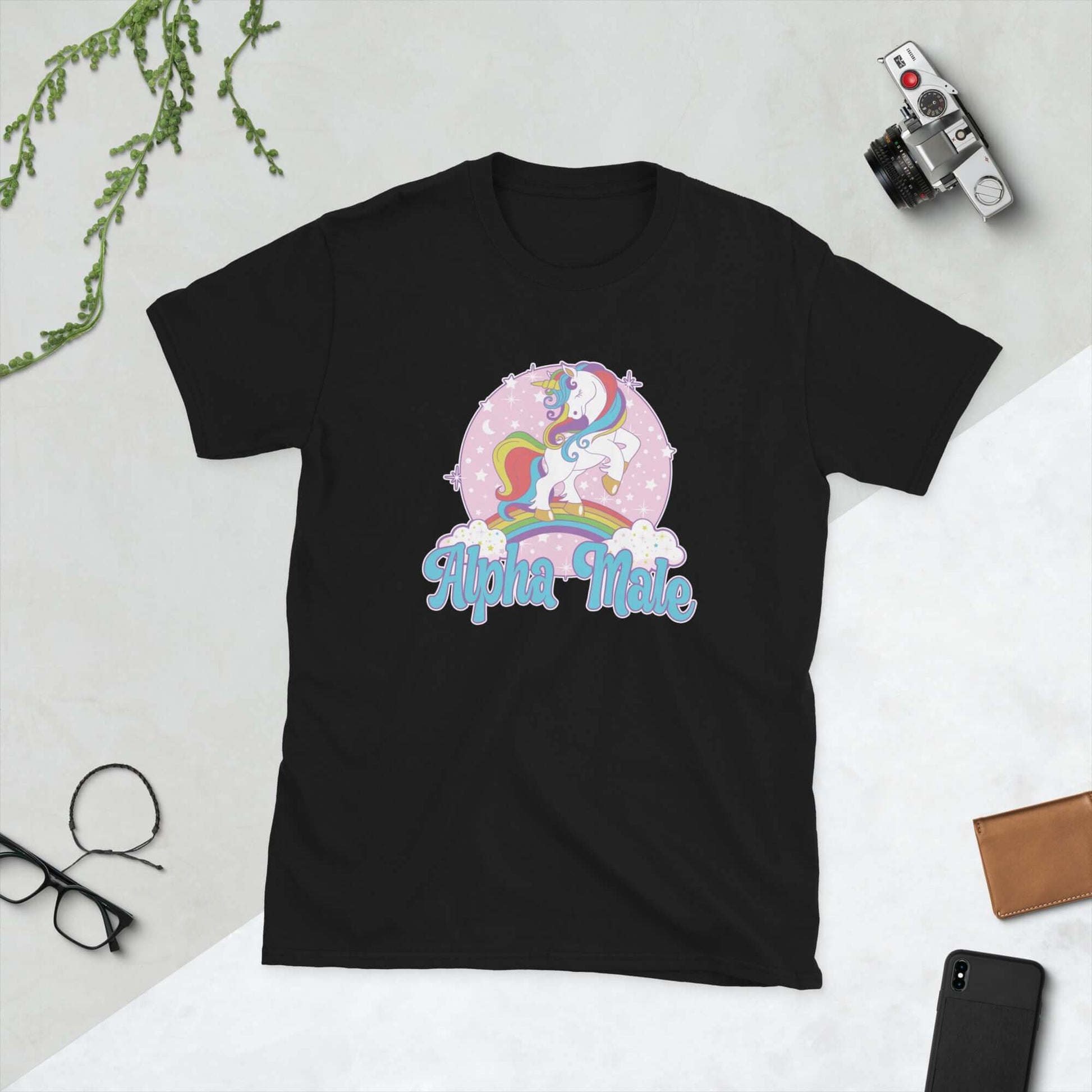 black t-tshirt that says Alpha Male with unicorn graphics