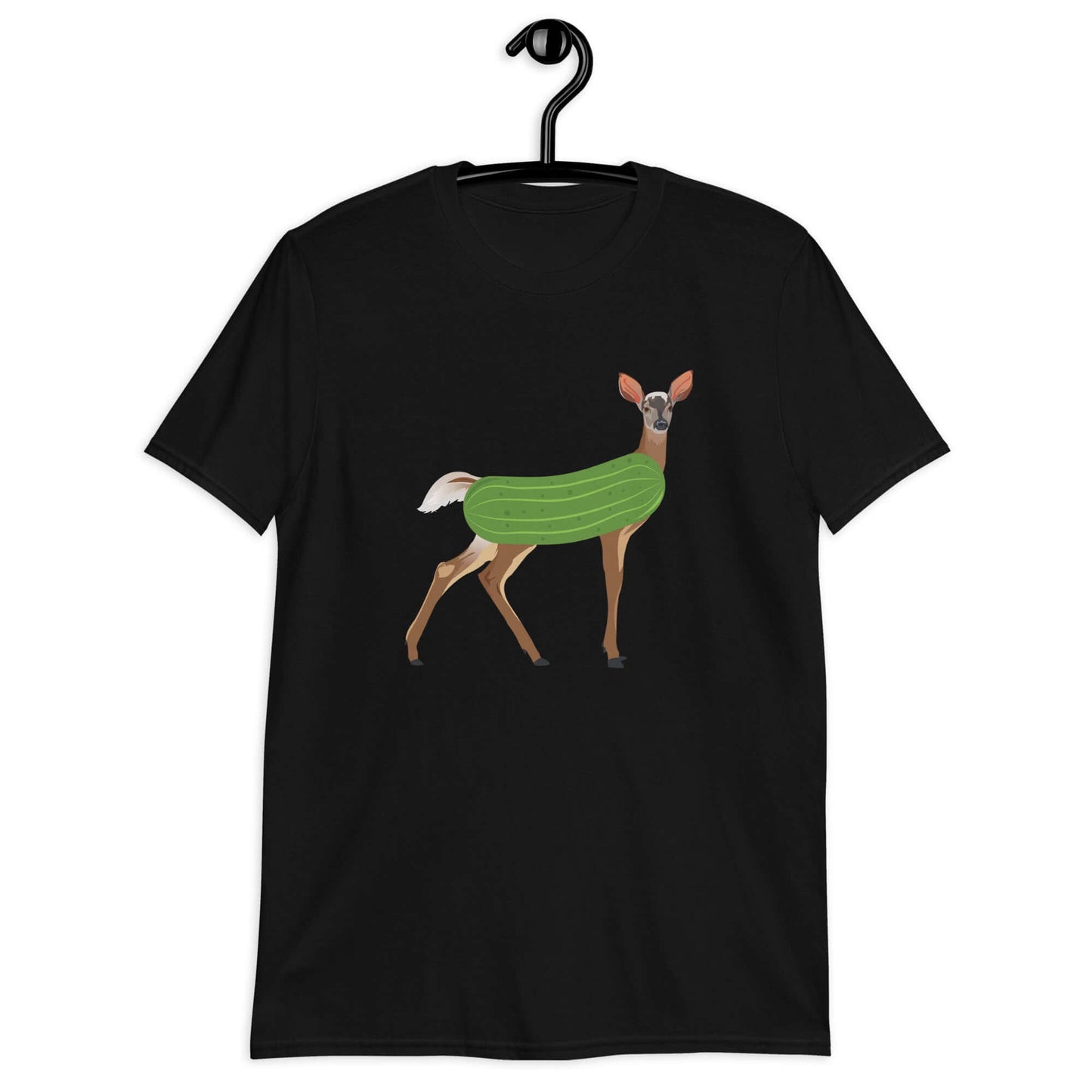 Black dildo pun t-shirt with funny image of a doe deer with a dill pickle body printed on the front.