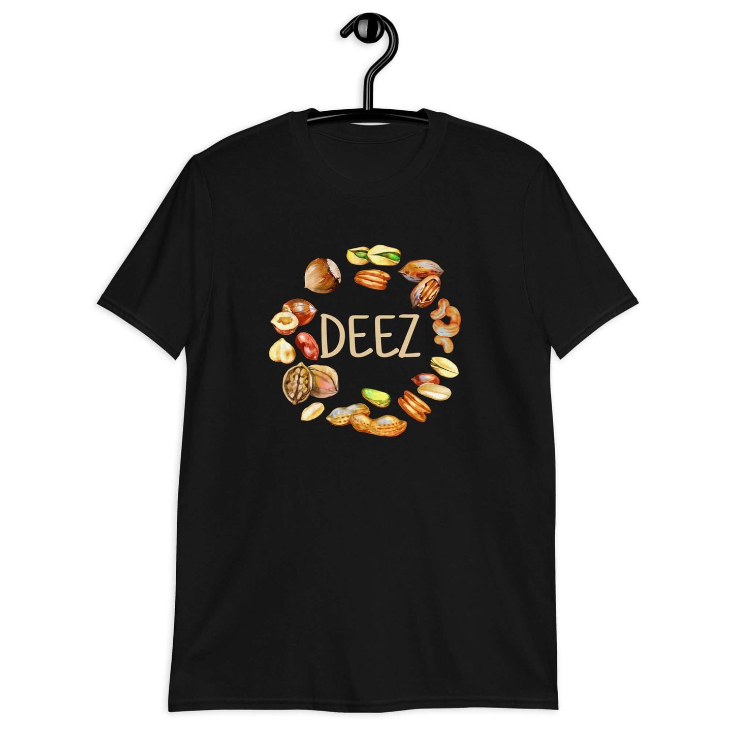 Black t-shirt with an image of various nuts and the word Deez printed on the front.,