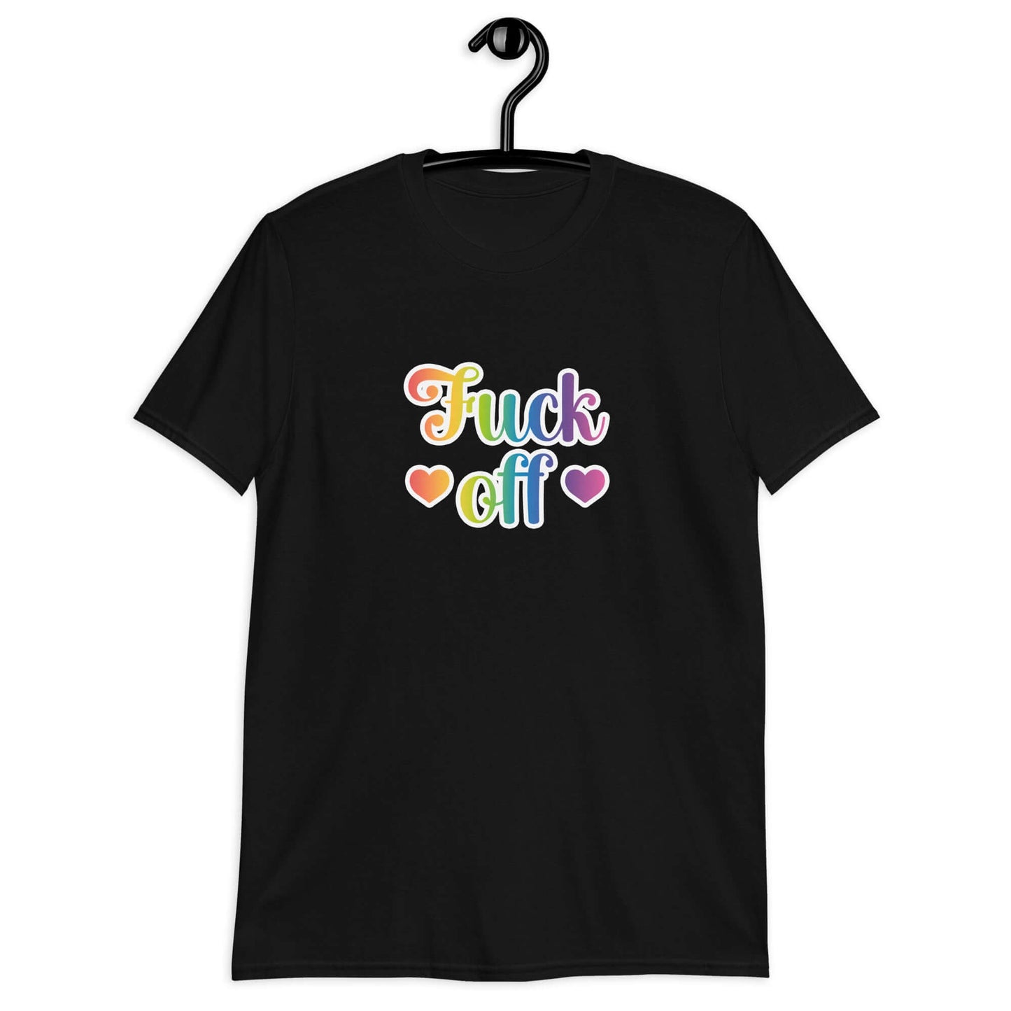 Black t-shirt with the words Fuck off printed in 80's style rainbow font. The graphics are printed on the front of the shirt.