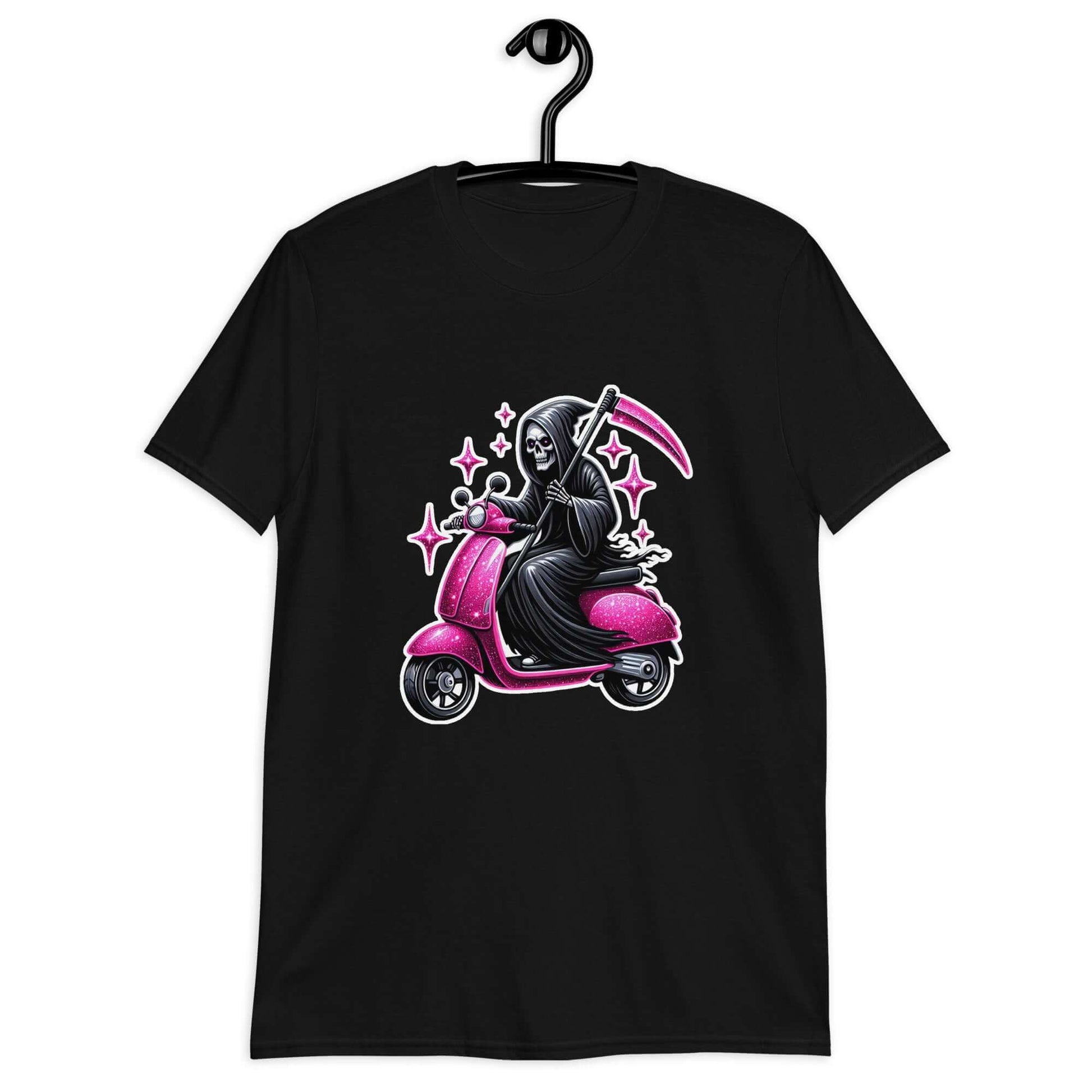 Black t-shirt with an image of the Grim Reaper riding on a glam pink scooter printed on the front.