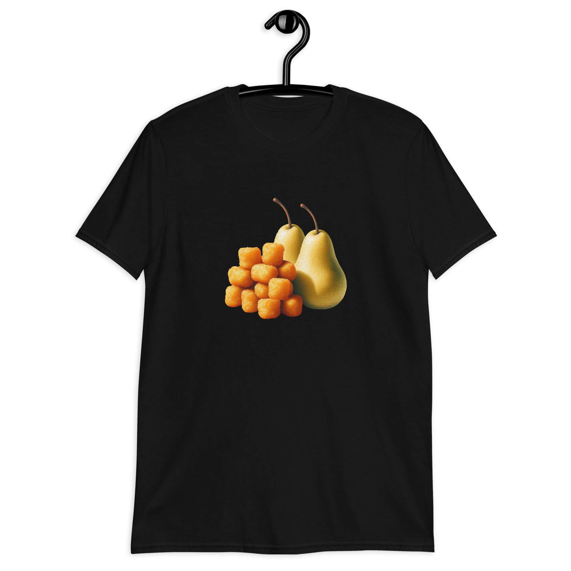 Black t-shirt with an image of tater tots and two pears printed on the front.