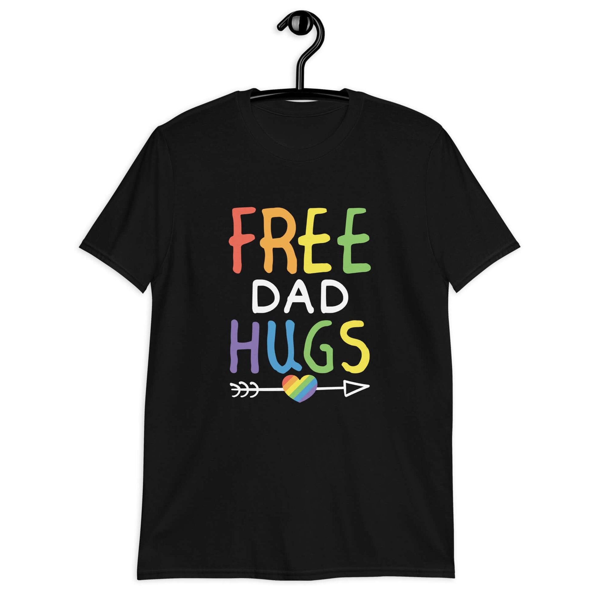 Black t-shirt with the words Free Dad hugs printed on the front in rainbow letters.