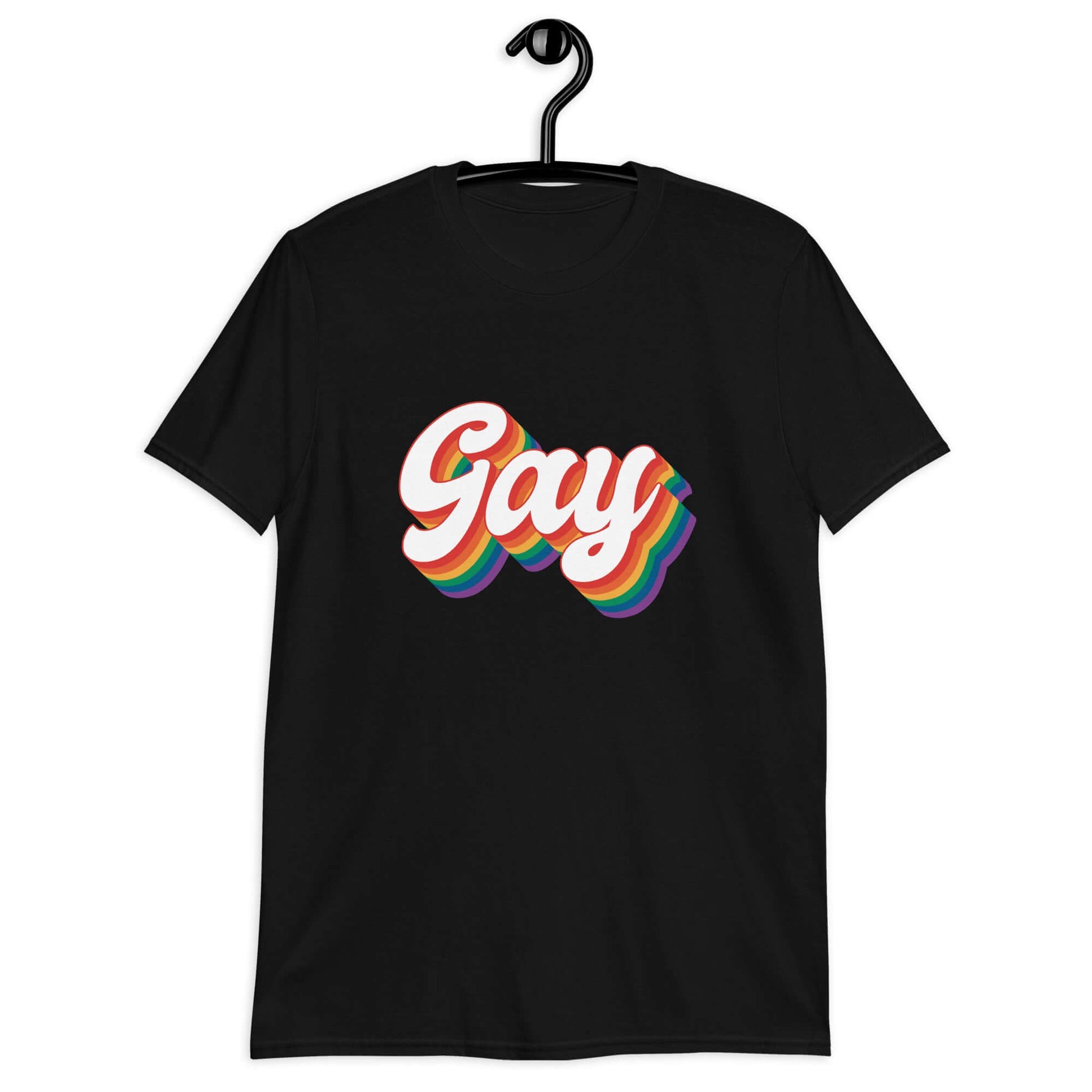 Black t-shirt with the word Gay printed on the front. The word gay is outlined in rainbow.