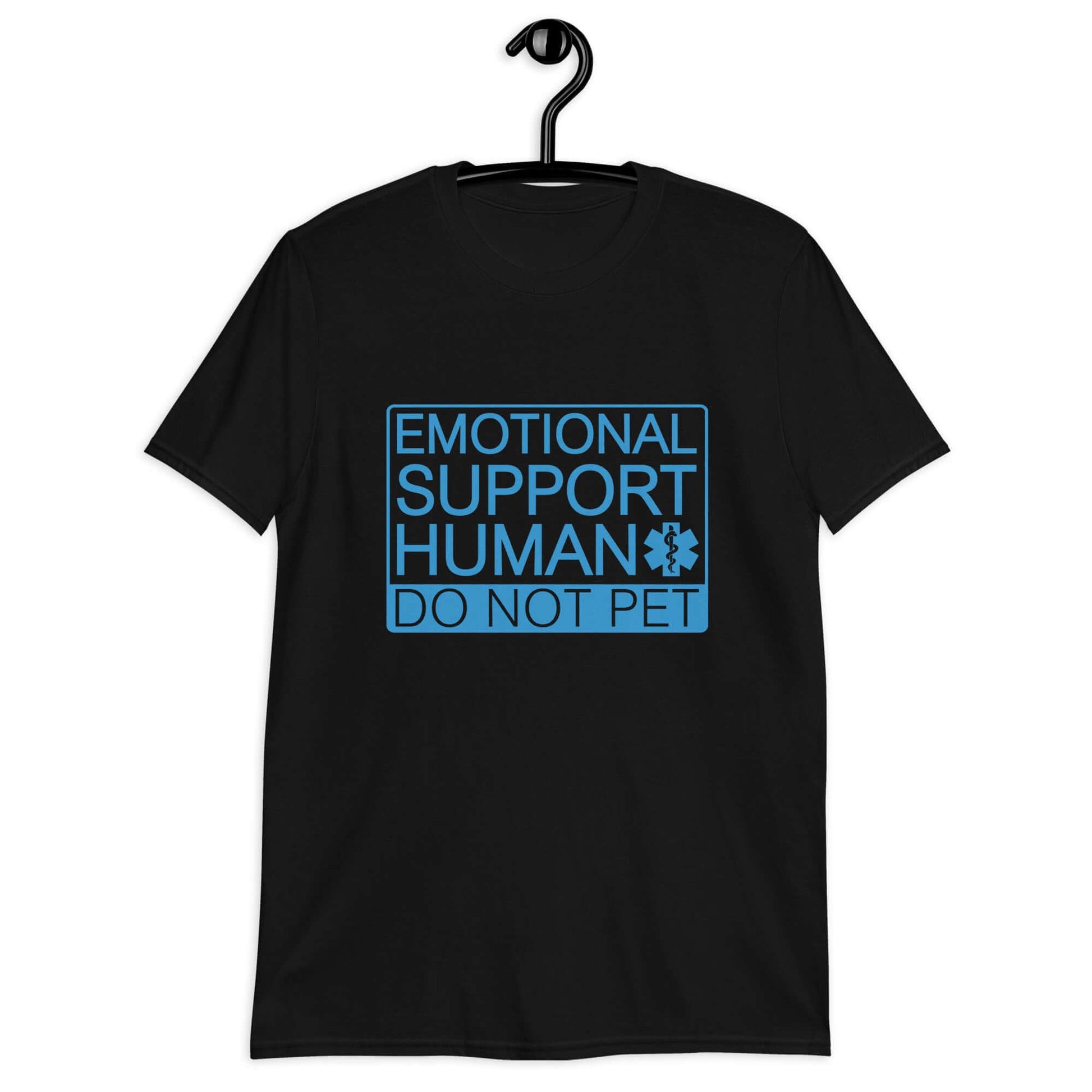 Black t-shirt with the words Emotional support human, do not pet printed on the front.