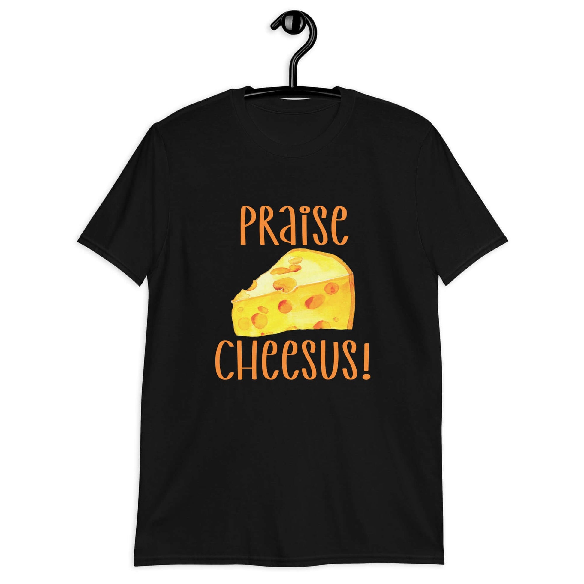 Black t-shirt with funny graphics of a piece of swiss cheese and the words Praise Cheesus printed on the front of the hoodie in yellow and orange.