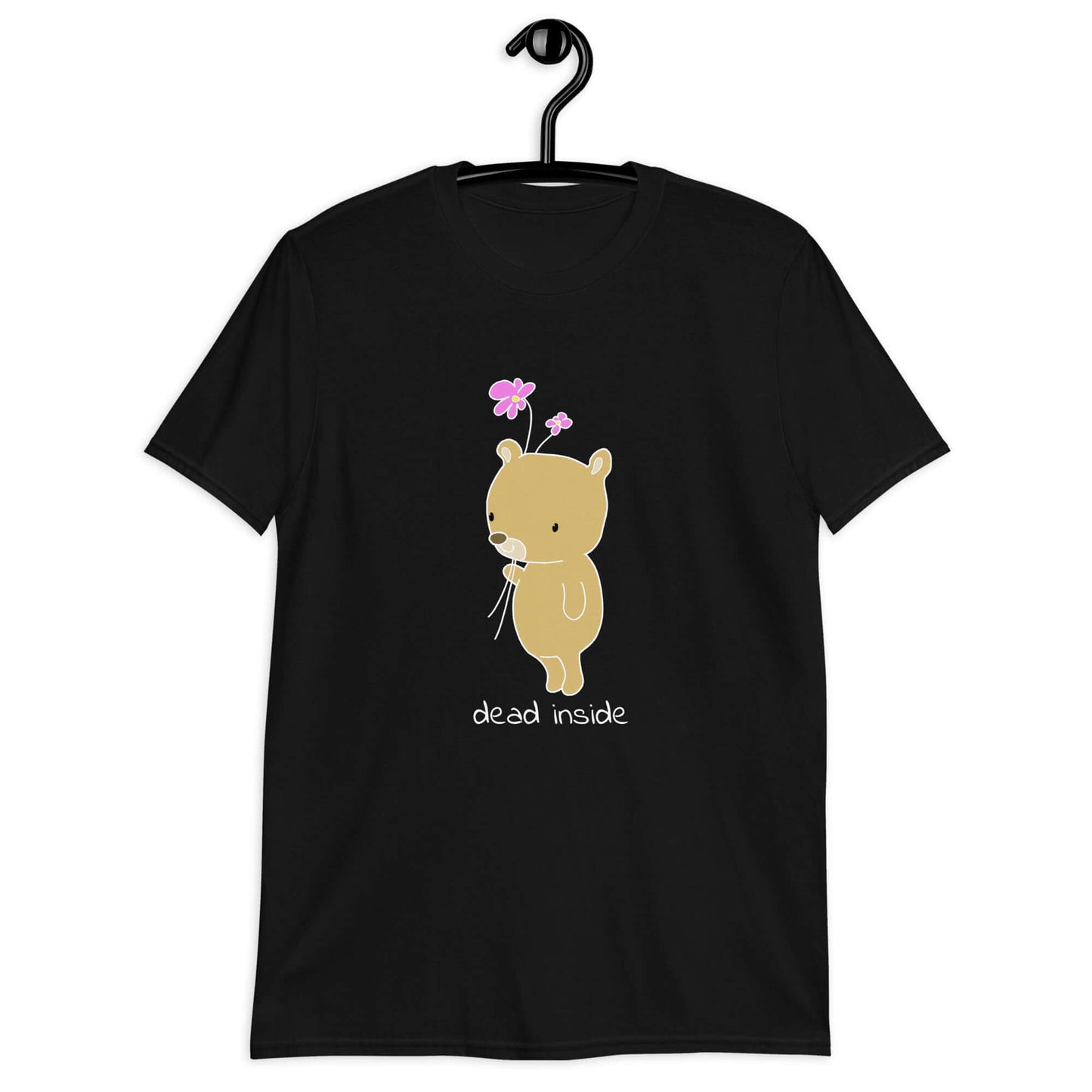 Black t-shirt with an image of a cute bear holding 2 pink flowers. The words Dead inside are printed underneath the bear. The graphics are printed on the front of the shirt.