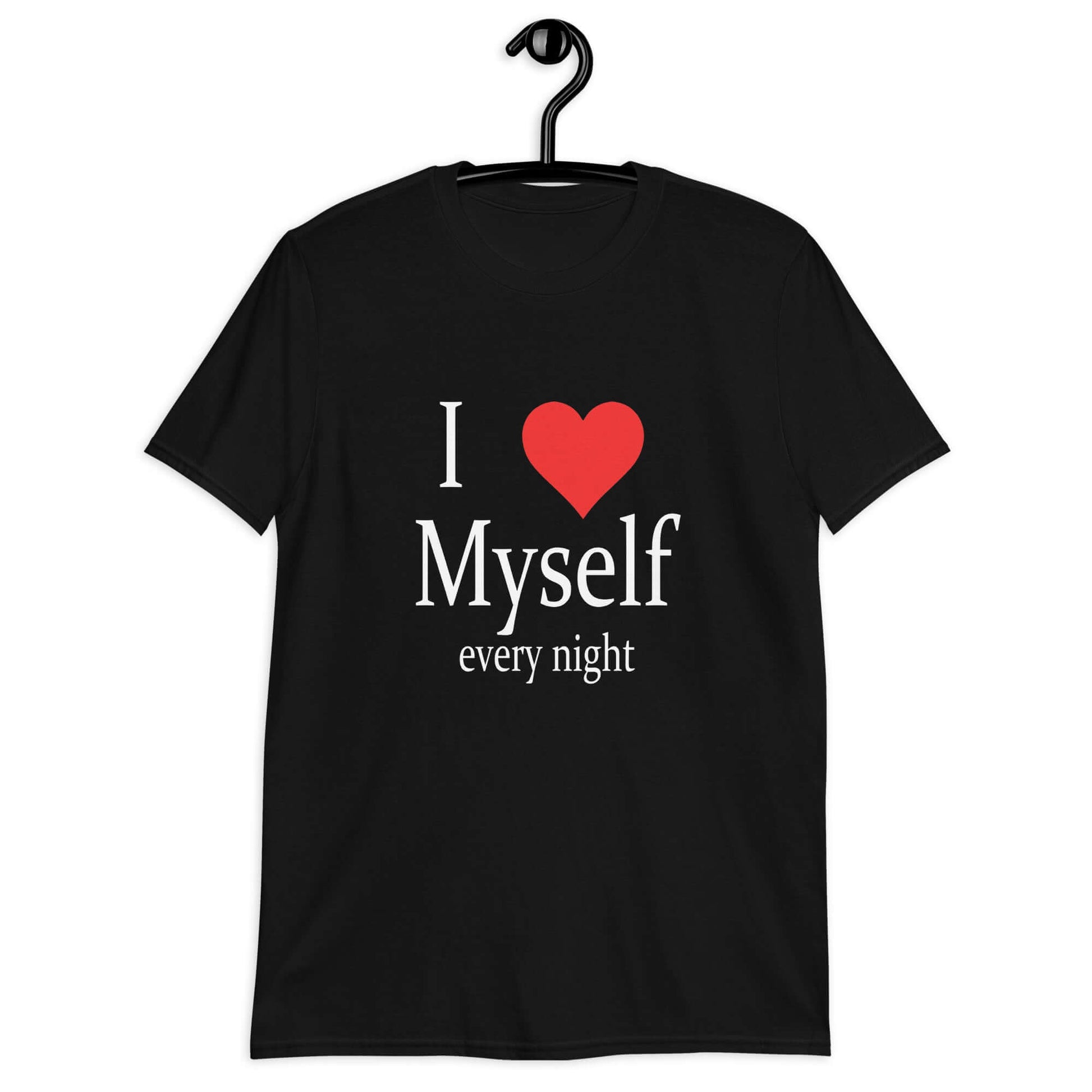 Black t-shirt with the phrase I heart myself every night printed on the front.