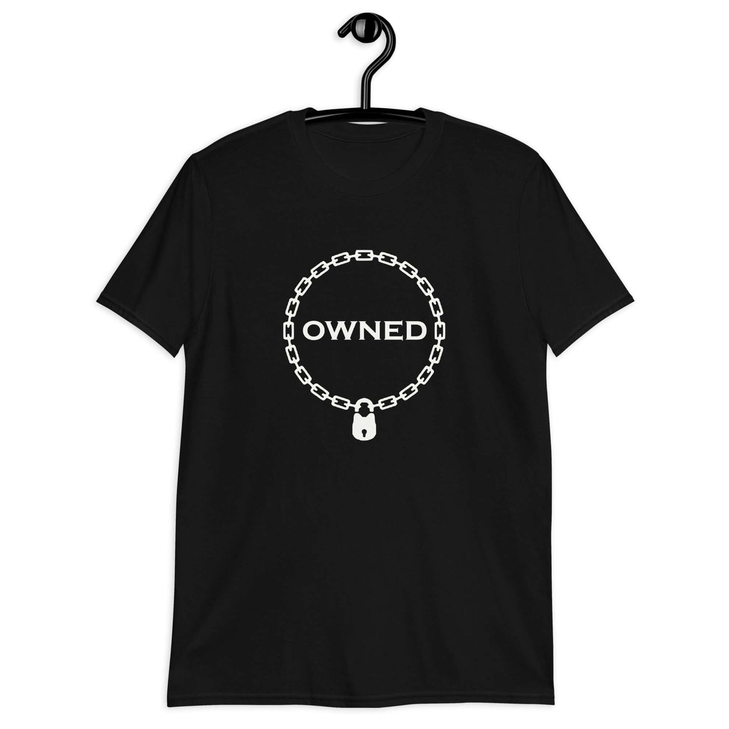 Black t-shirt with an image of a BDSM chain collar with a lock and the word Owned printed in the center of the collar. The design is printed on the front of the shirt.