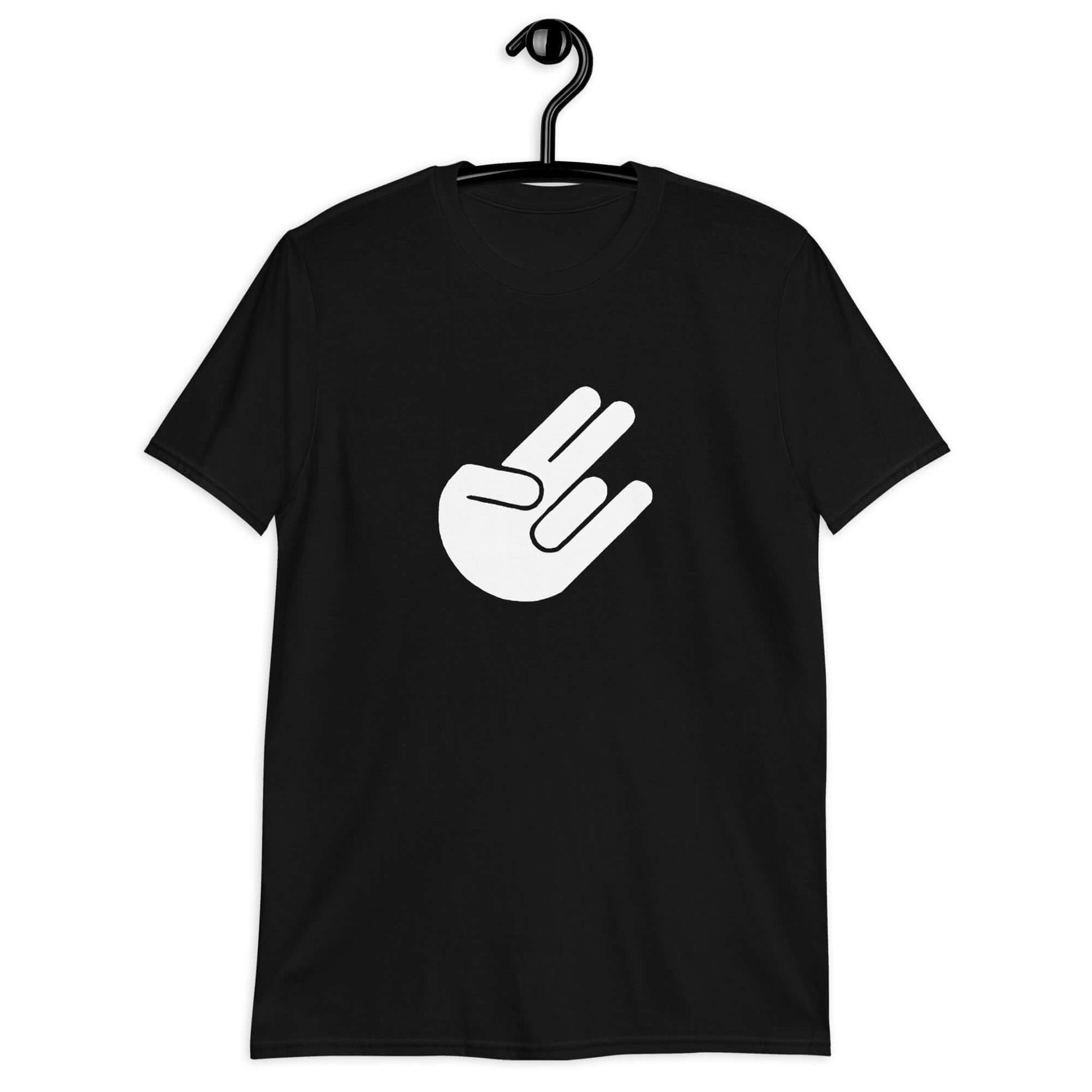 Black t-shirt with the universal symbol for The Shocker printed on the front.