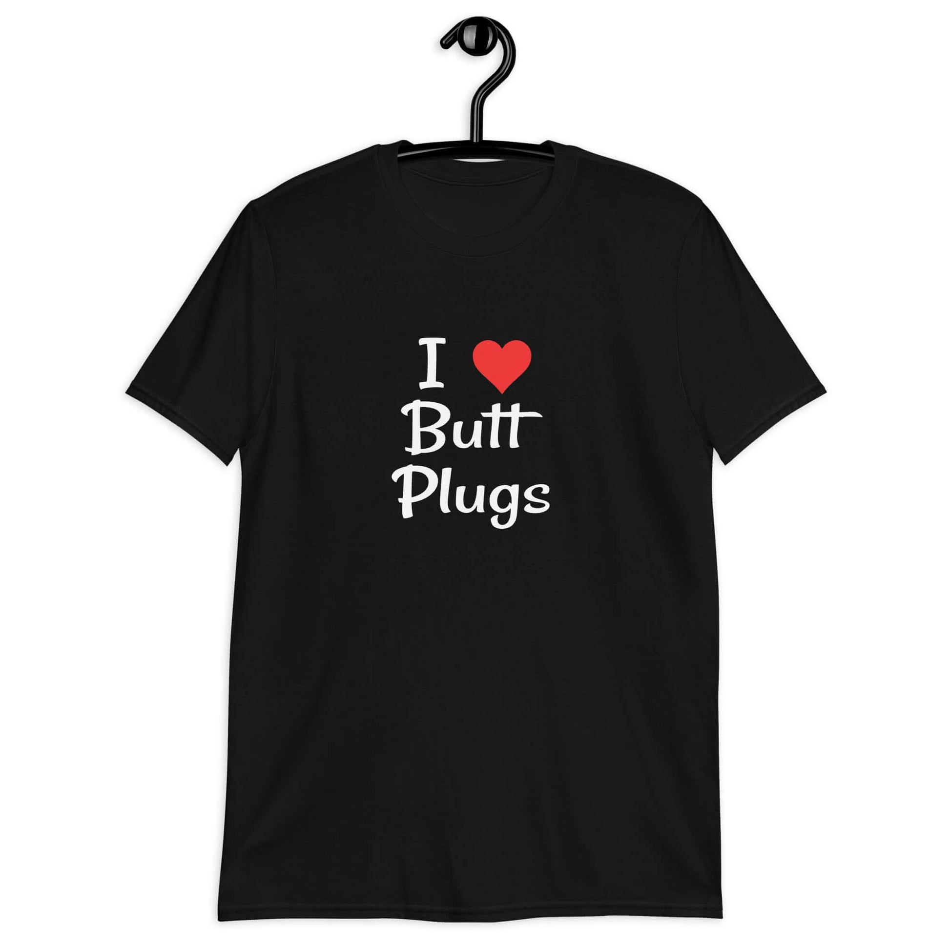 Black t-shirt with I heart butt plugs printed on the front.