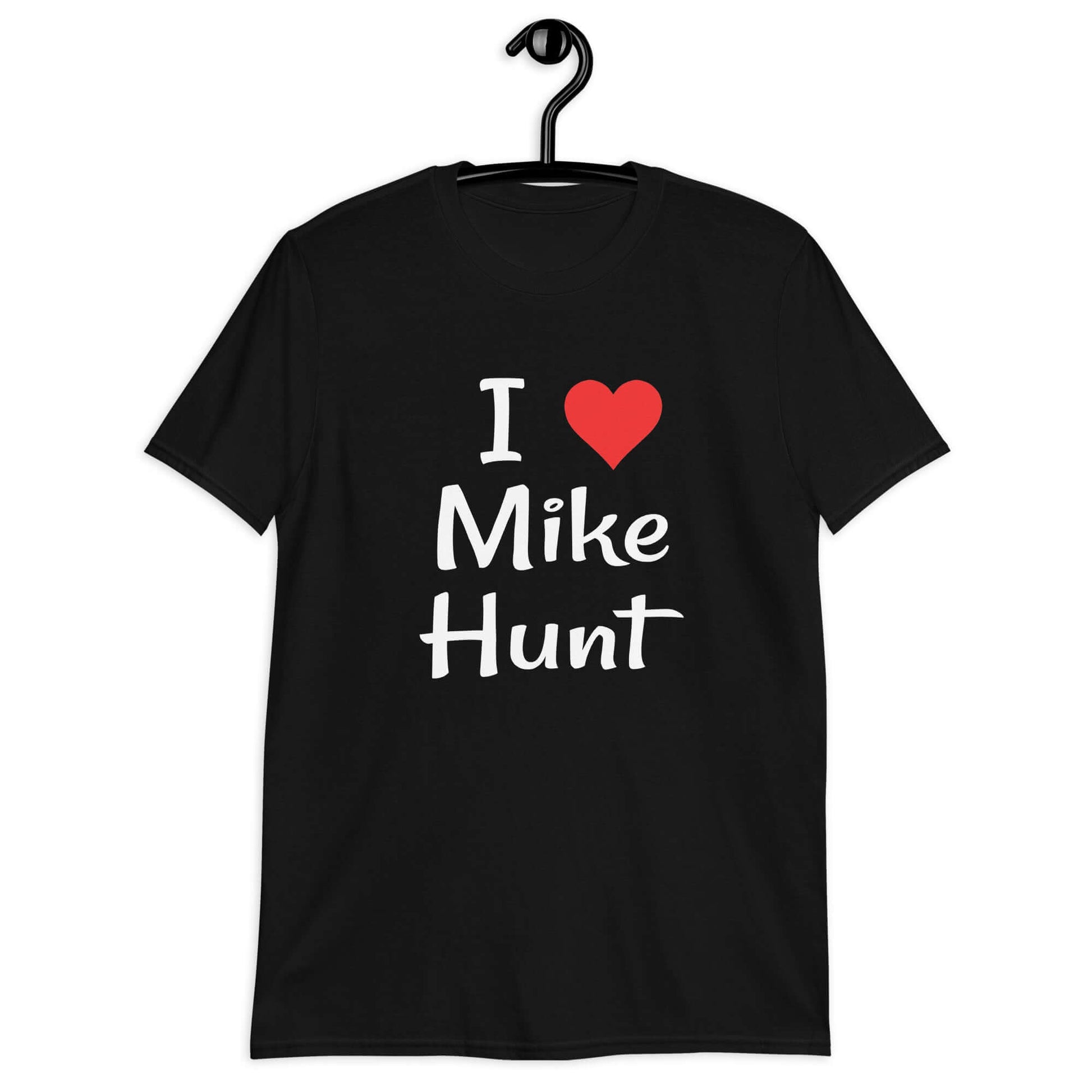 Black t-shirt with pun I heart Mike Hunt printed on the front. The heart is red.