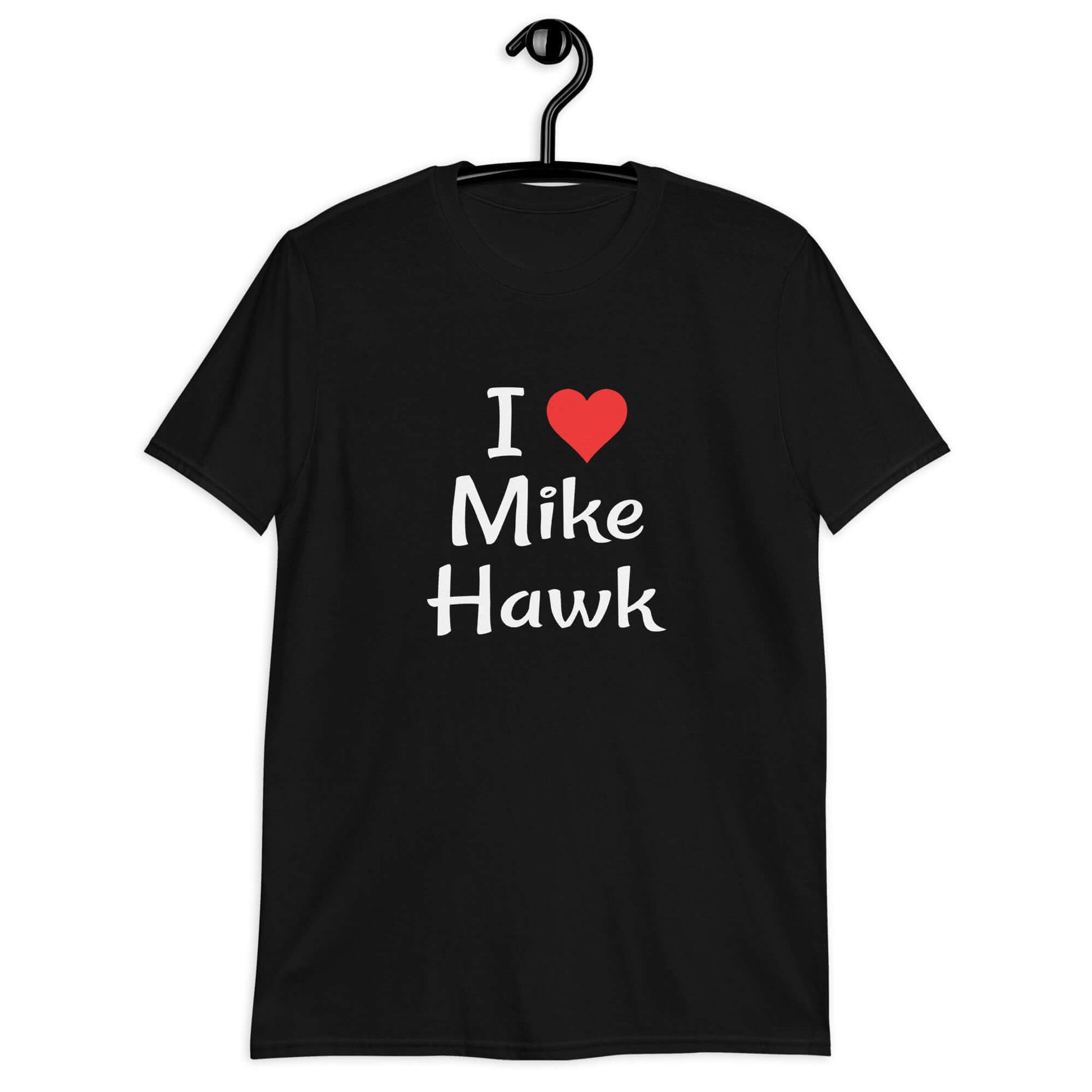 Black t-shirt with the pun I heart Mike Hawk printed on the front.