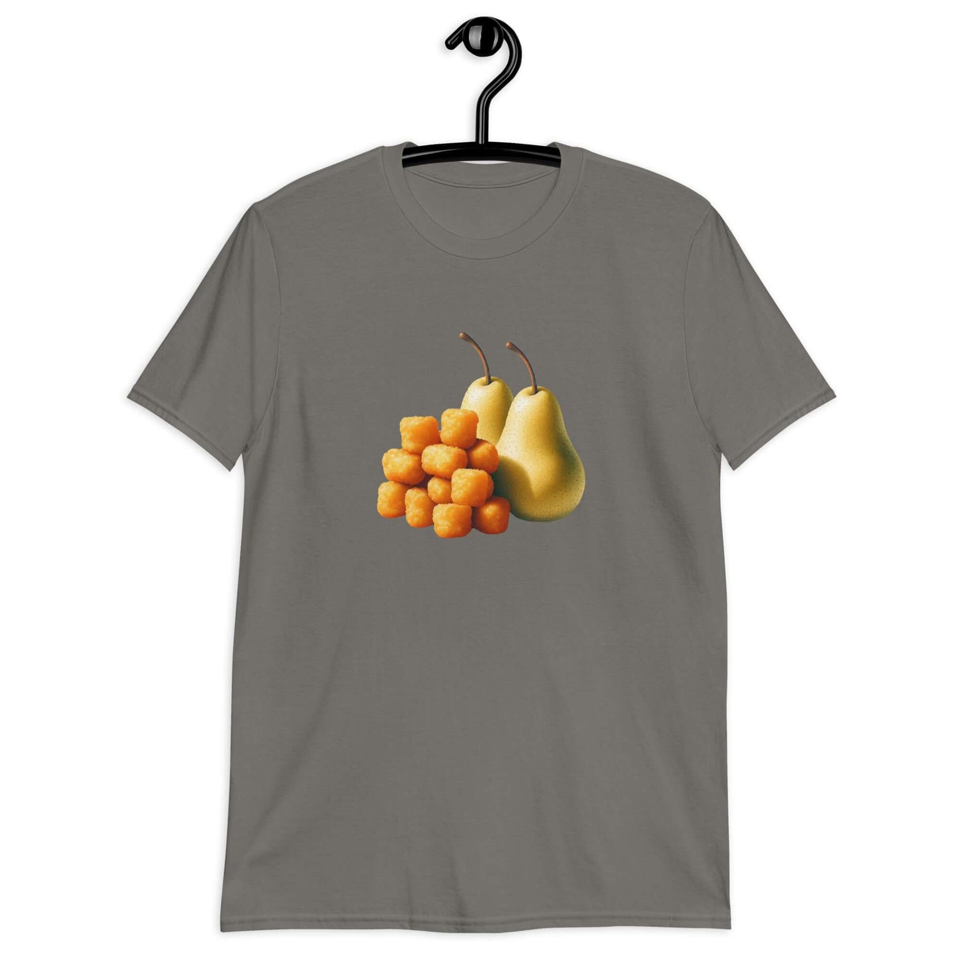 Charcoal grey t-shirt with an image of tater tots and two pears printed on the front.