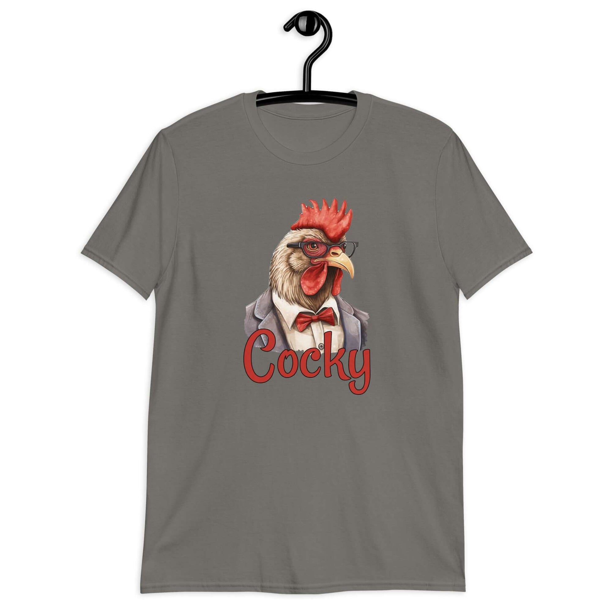 Charcoal grey t-shirt with image of a rooster and the word Cocky printed on the front.