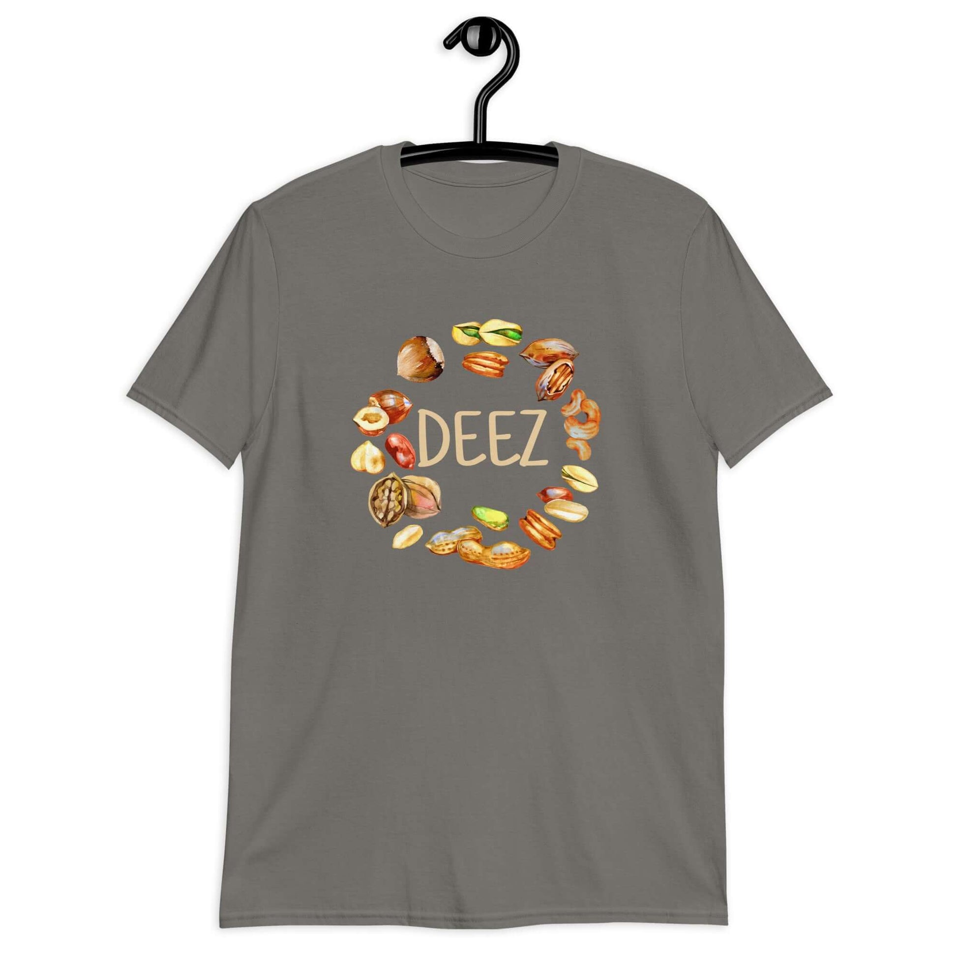 Charcoal grey t-shirt with an image of various nuts and the word Deez printed on the front.,