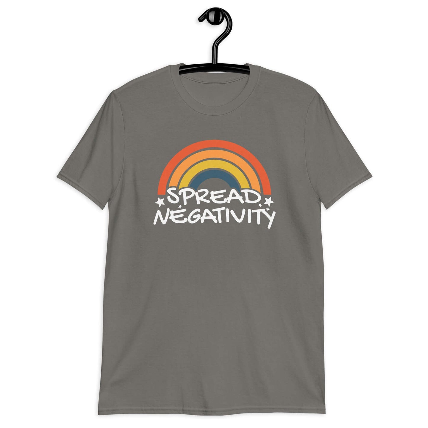 Charcoal grey t-shirt with a graphic of a rainbow and the words Spread negativity printed on the front.