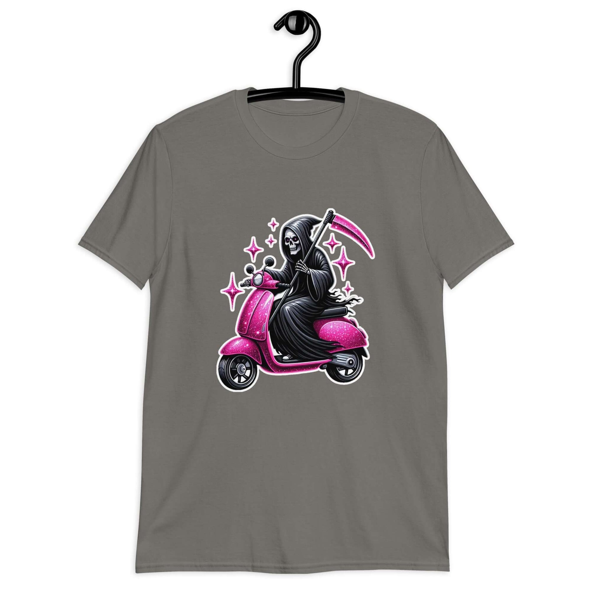 Charcoal grey t-shirt with an image of the Grim Reaper riding on a glam pink scooter printed on the front.