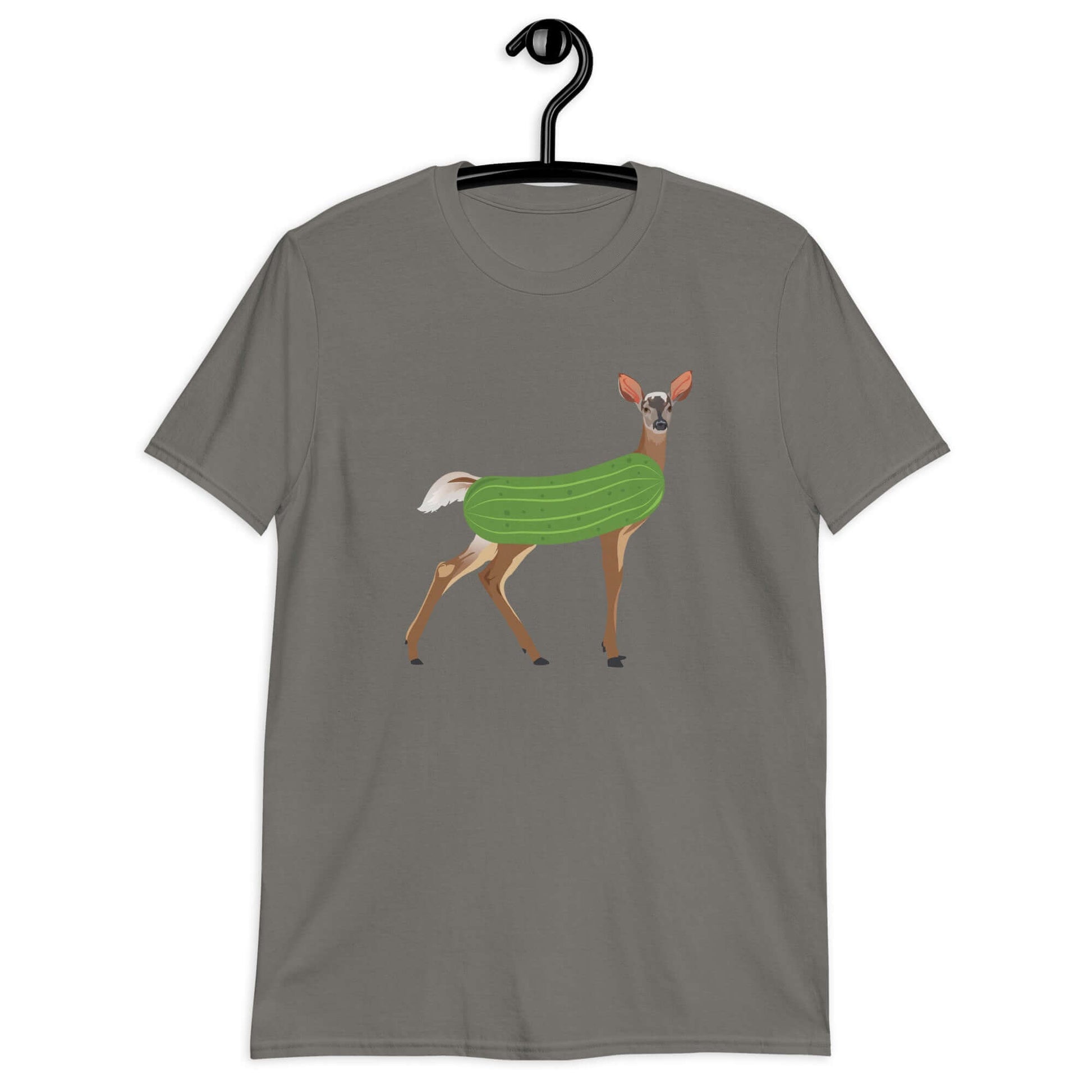 Charcoal grey dildo pun t-shirt with funny image of a doe deer with a dill pickle body printed on the front.