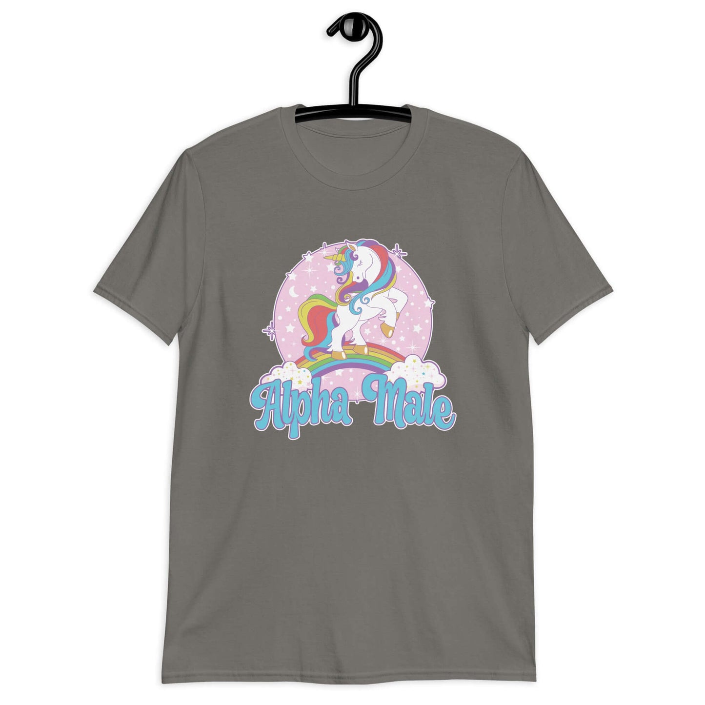 Charcoal grey t-shirt with funny pastel rainbow unicorn graphics and the words Alpha Male printed on the front.