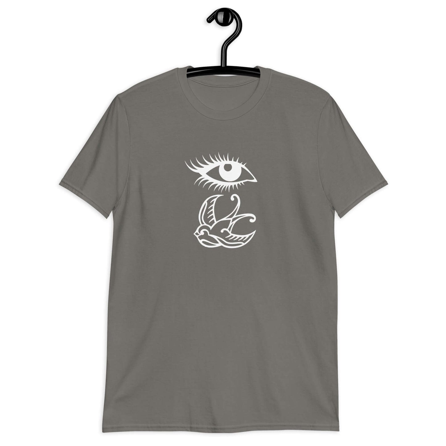 Charcoal grey t-shirt with outline drawing of an eye and a swallow bird printed on the front.