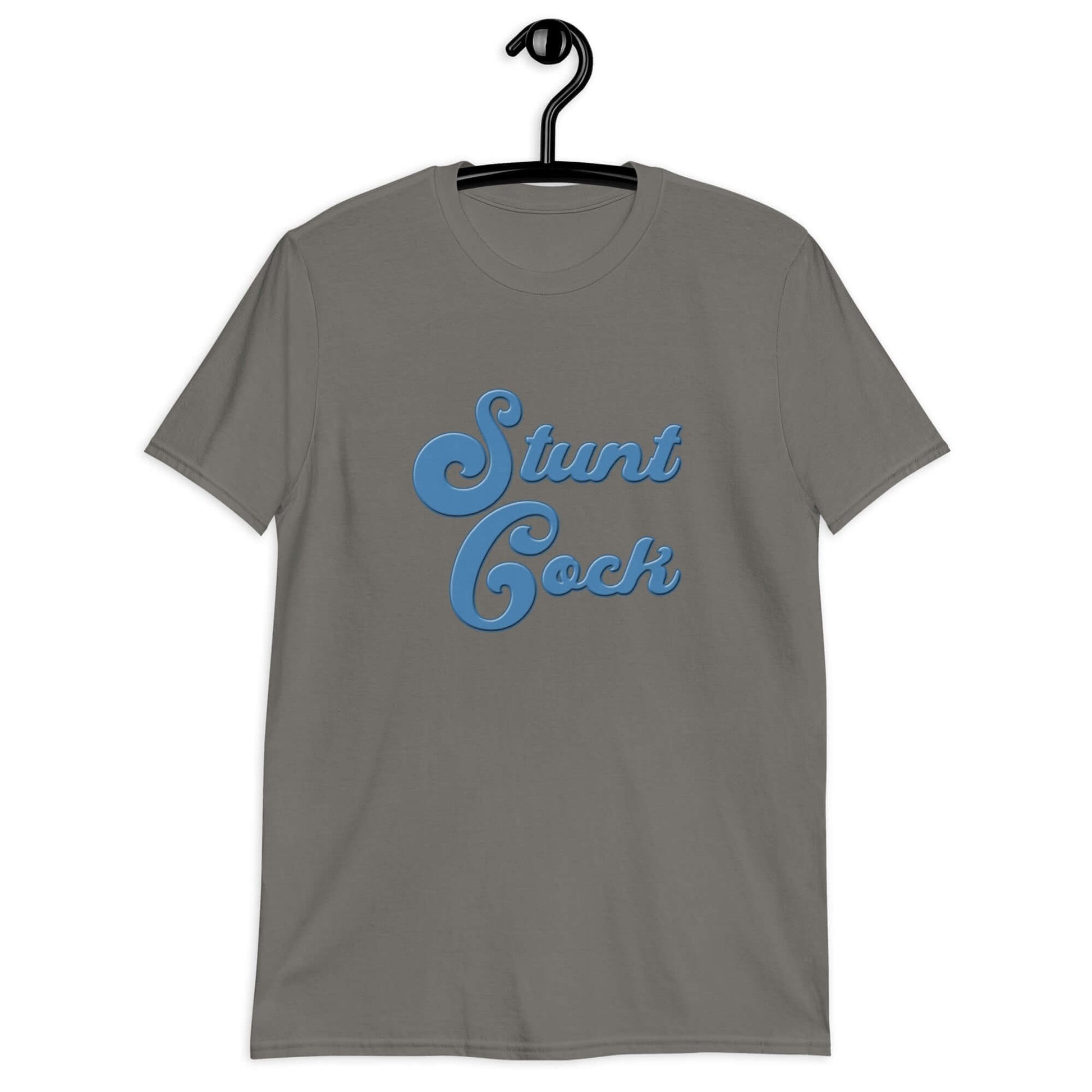 Charcoal grey t-shirt with the words Stunt Cock printed on the front in blue.