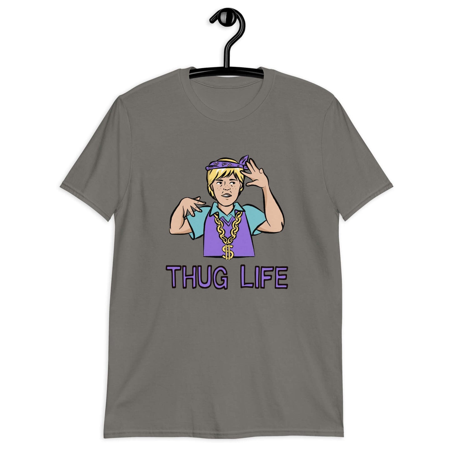 Charcoal grey t-shirt with a parody image of a blond haired child trying to be a gangster with the words Thug Life printed on the front.