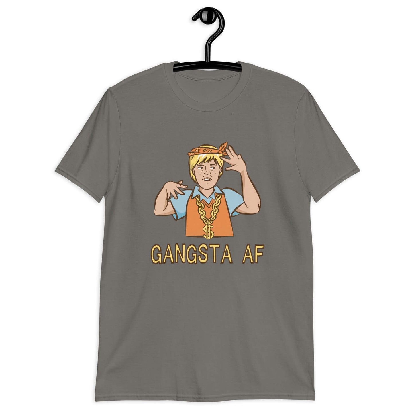 Charcoal grey t-shirt with a parody image of a blond haired child trying to be a gangster with the words Gangsta AF printed on the front.