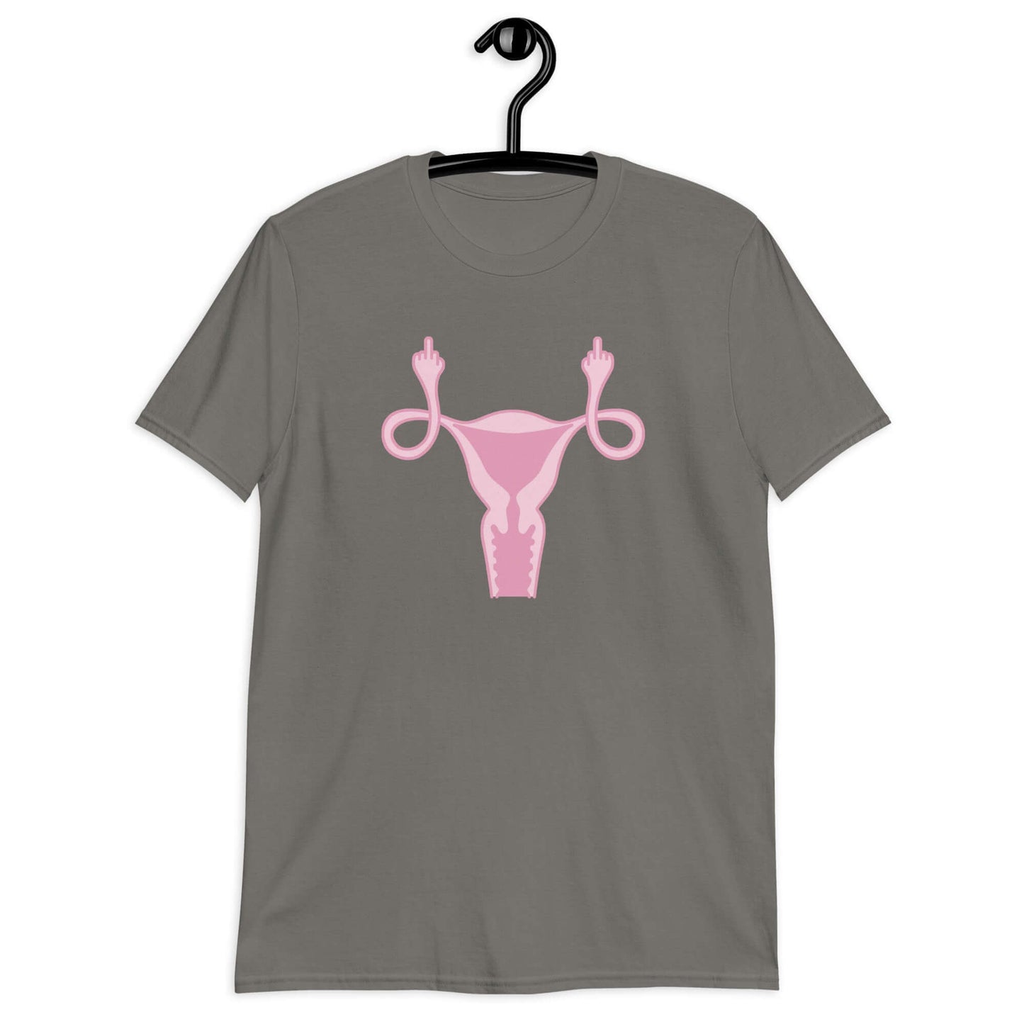 Charcoal grey t-shirt with image of a pink uterus flipping middle finger graphic printed on the front.