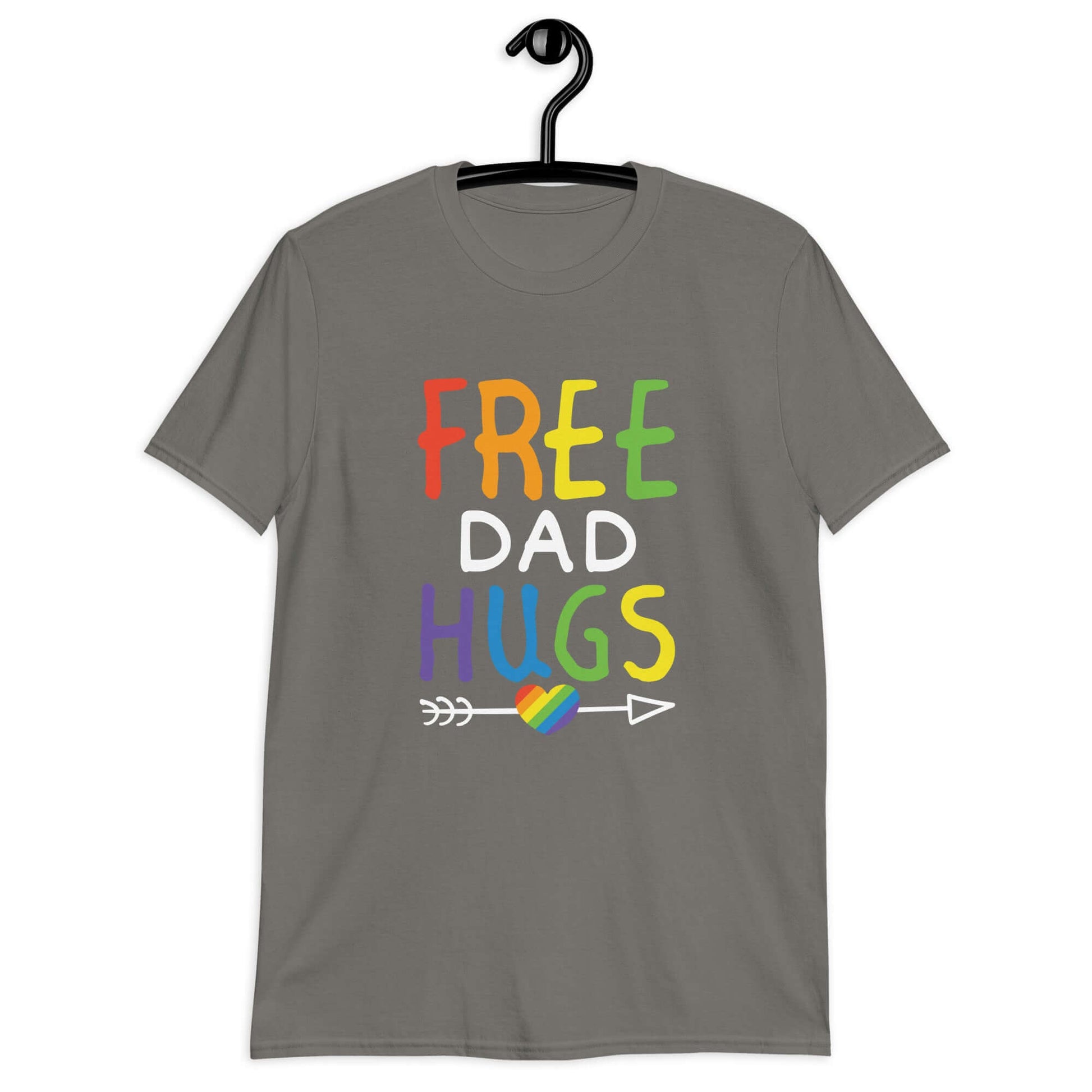 Charcoal grey t-shirt with the words Free Dad hugs printed on the front in rainbow letters.