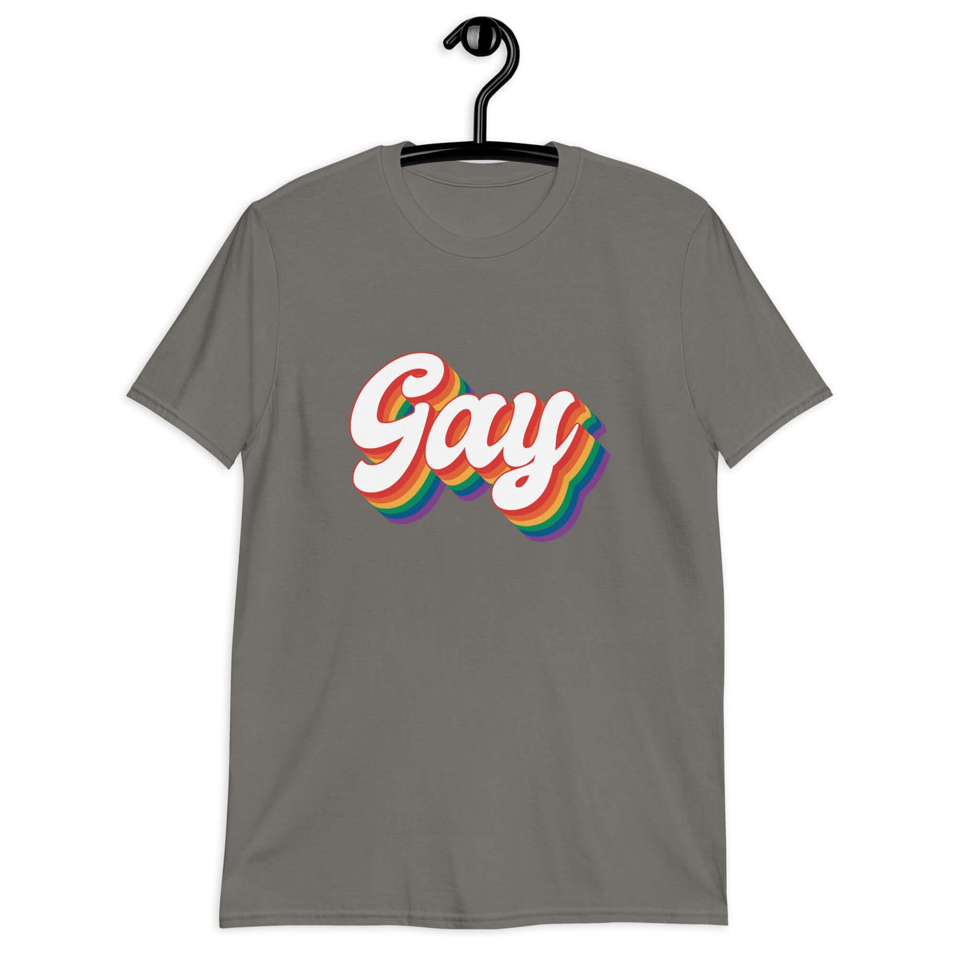 Charcoal grey t-shirt with the word Gay printed on the front. The word gay is outlined in rainbow.