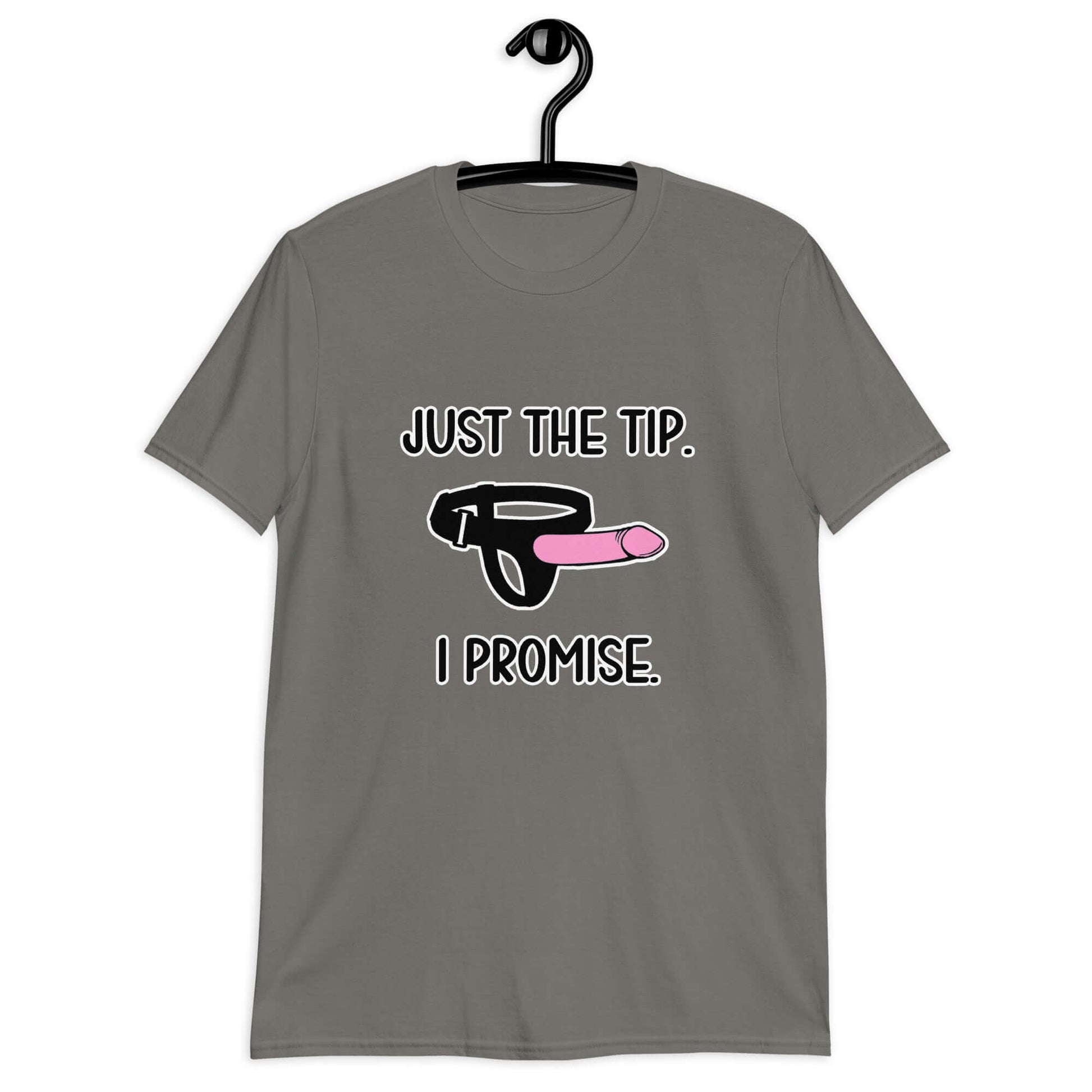 Charcoal grey t-shirt that has an image of a strap-on dildo and the words Just the tip, I promise printed on the front. The graphics are pink, black and white.