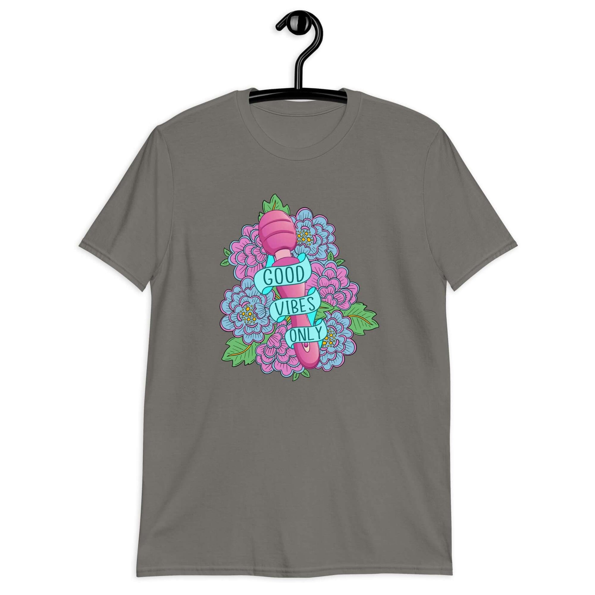 Charcoal grey t-shirt with graphic design that has the words Good vibes only layered over a pink wand vibrator with flowers around. The graphic design is printed on the front of the shirt.