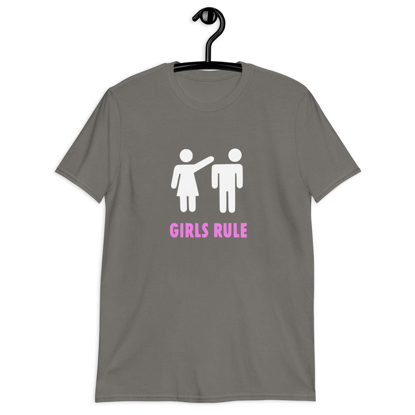 Charcoal grey t-shirt with an image of a stick figure man and woman. The stick woman is punching the stick mans head off and the words Girls rule is printed beneath in hot pink. The graphics are printed on the front of the shirt.