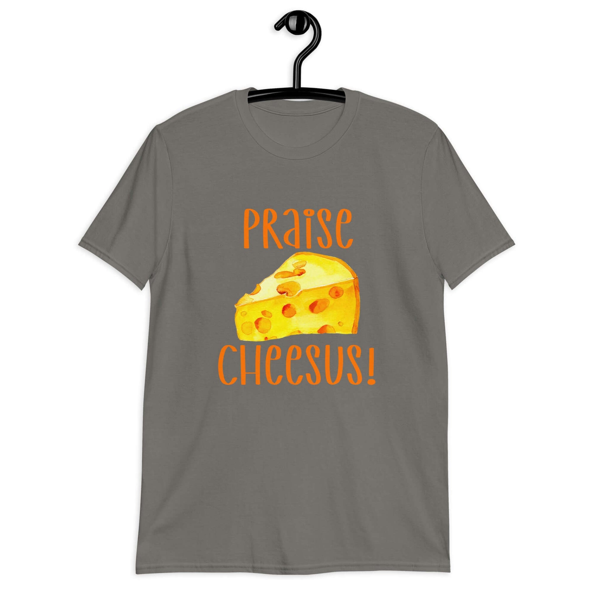 Charcoal grey t-shirt with funny graphics of a piece of swiss cheese and the words Praise Cheesus printed on the front of the hoodie in yellow and orange.