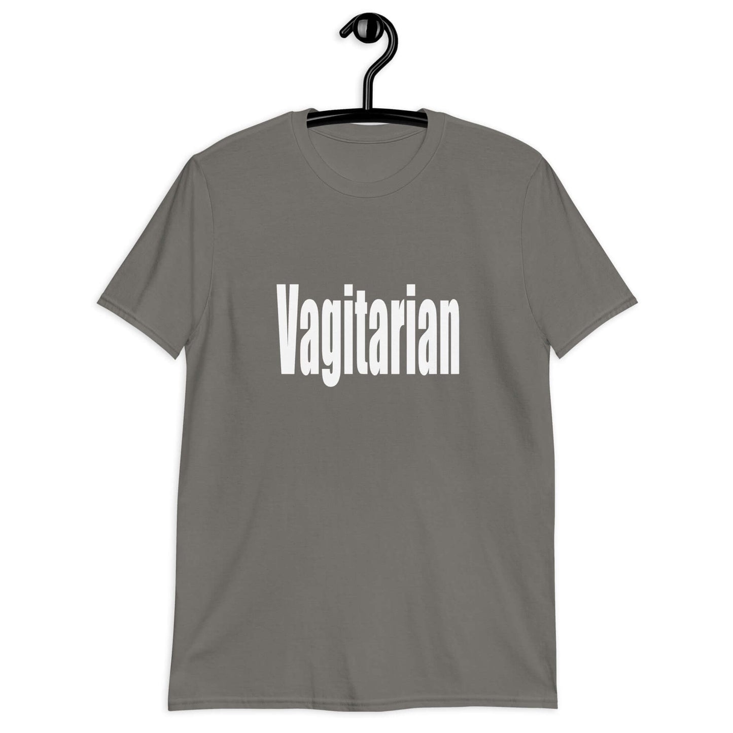 Charcoal t-shirt with the word Vagitarian printed on the front.