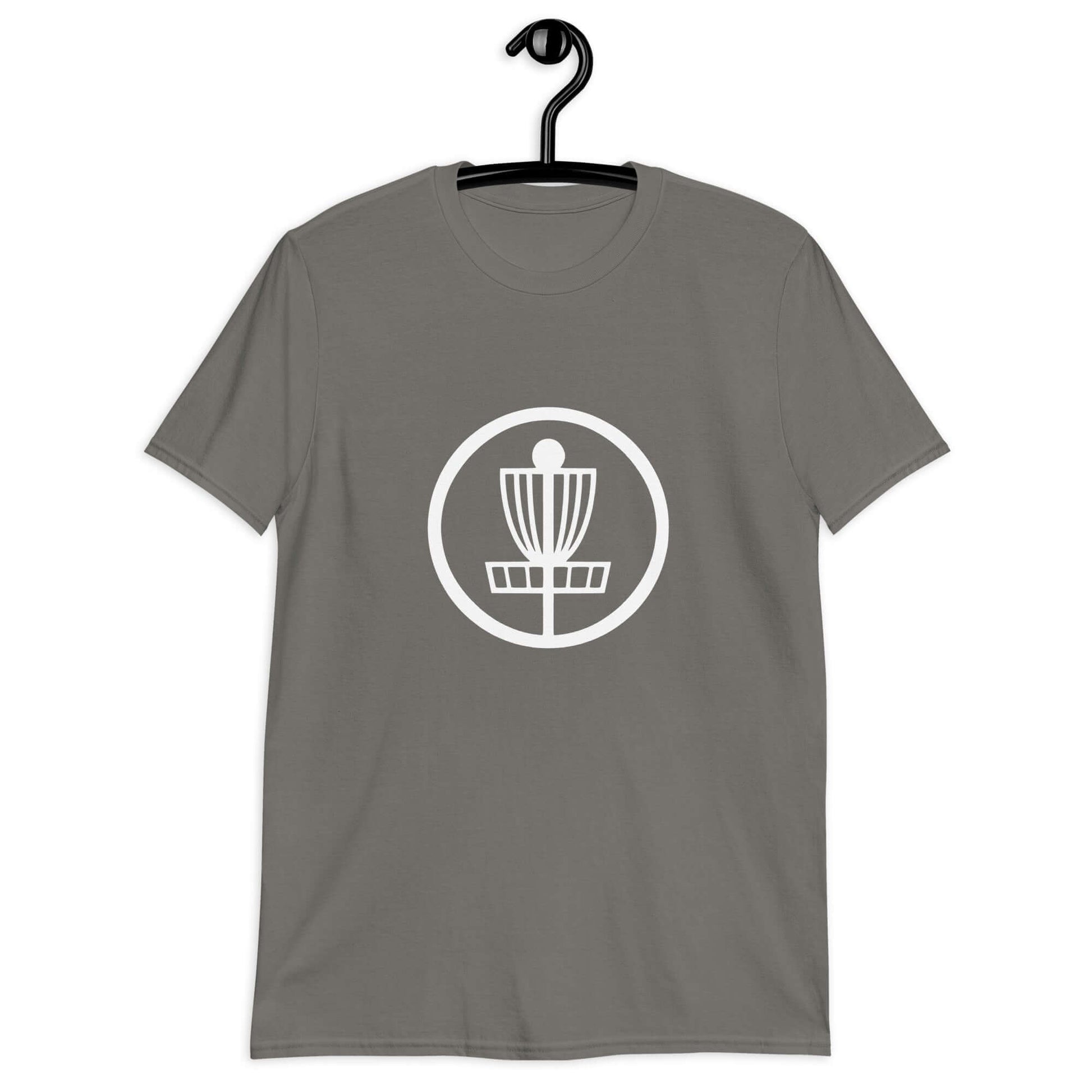 Charcoal t-shirt with an image of disc golf basket silhouette with a circle around it printed on the front.