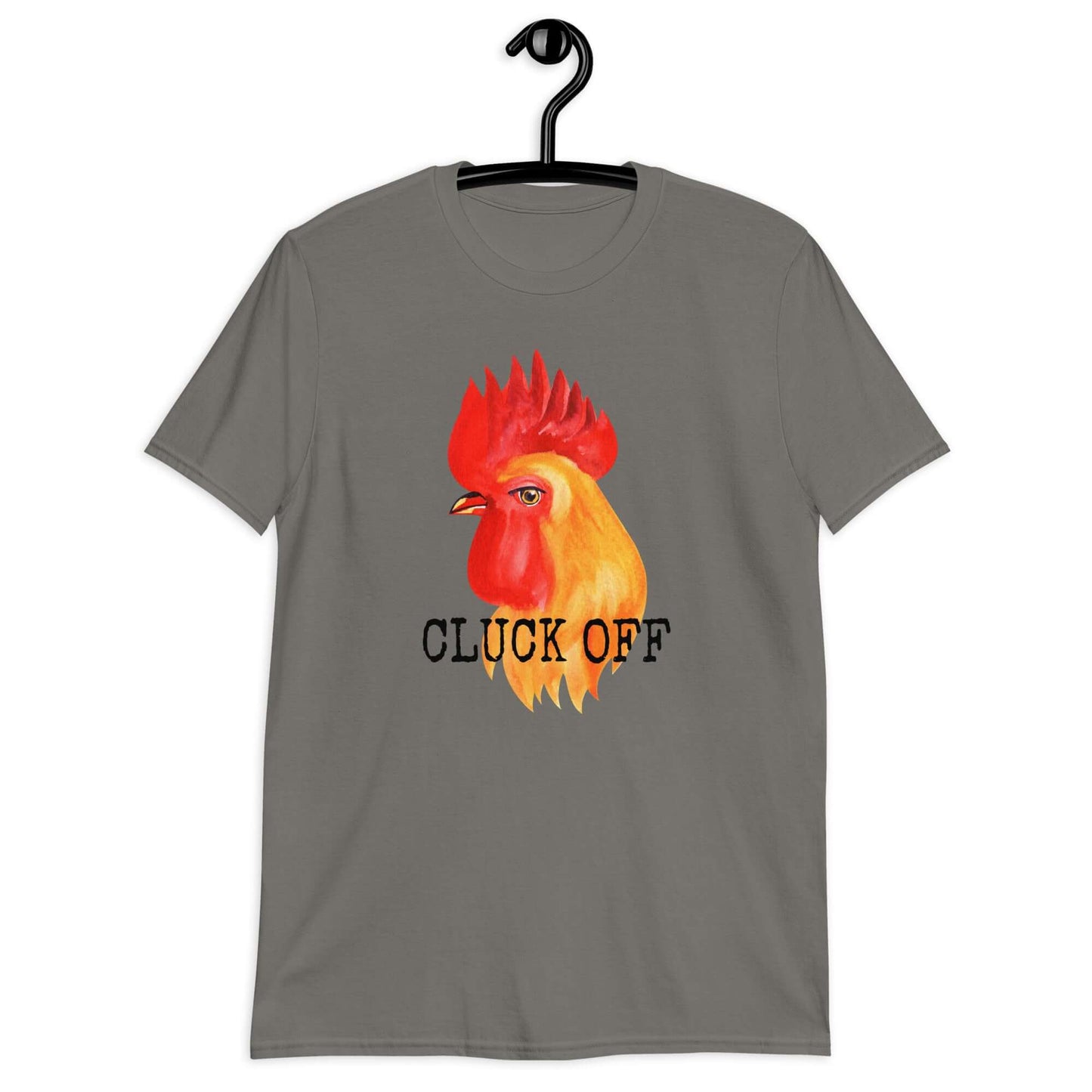 Charcoal pun T-shirt that has graphic of a chicken and the words Cluck off printed on the front.