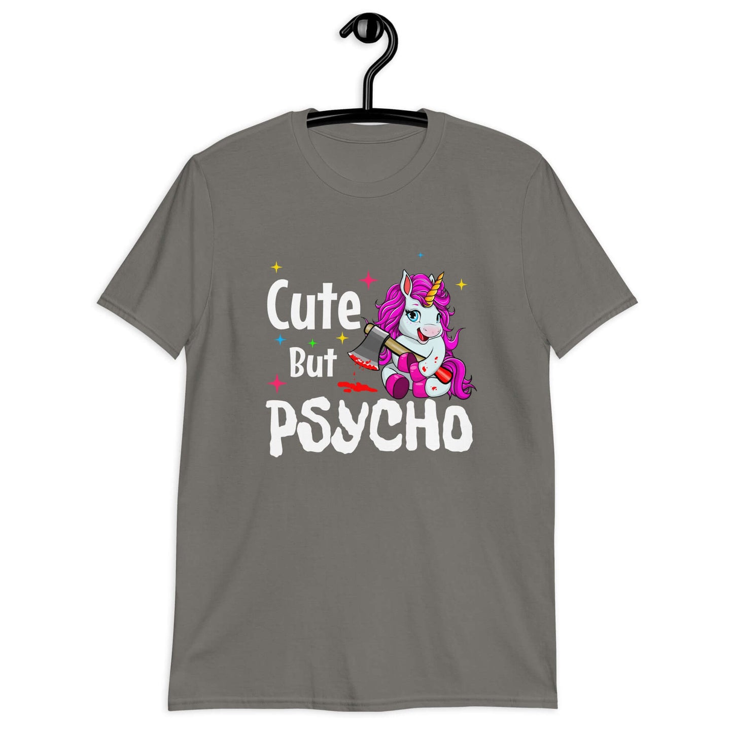 Charcoal t-shirt that has a graphic of a unicorn holding a knife & the words Cute but psycho printed on the front.