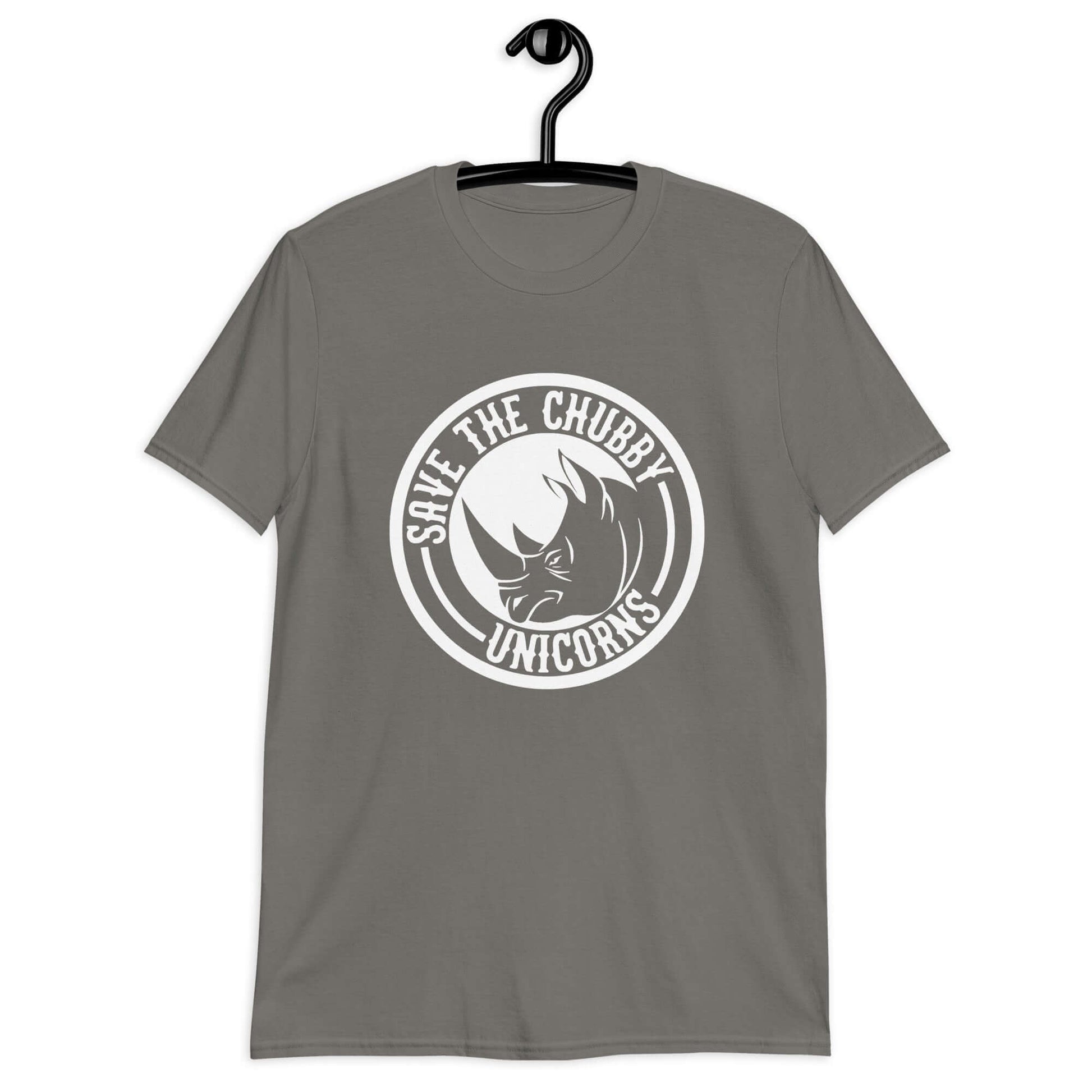 Charcoal t-shirt with a funny graphic of a rhinoceros & the words Save the chubby unicorns printed on the front.