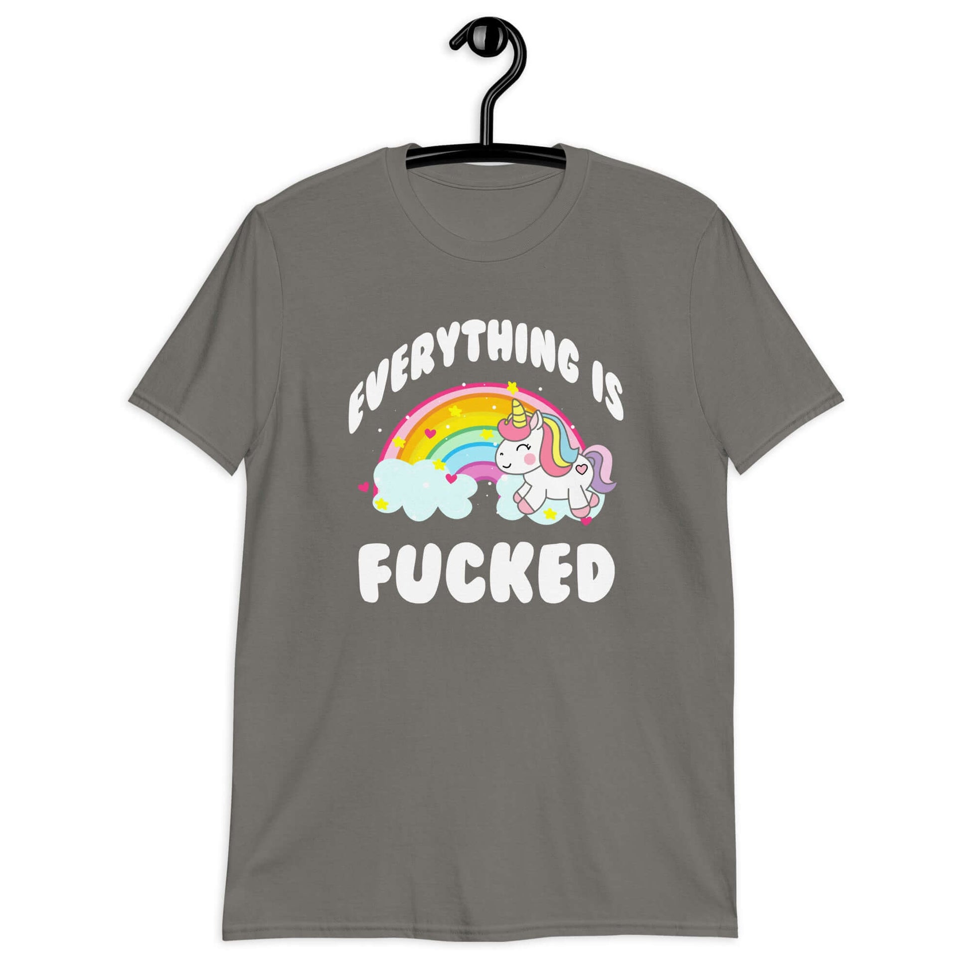 Charcoal t-shirt with a graphic of a kawaii style unicorn and a pastel rainbow with the words Everything is fucked printed on the front.