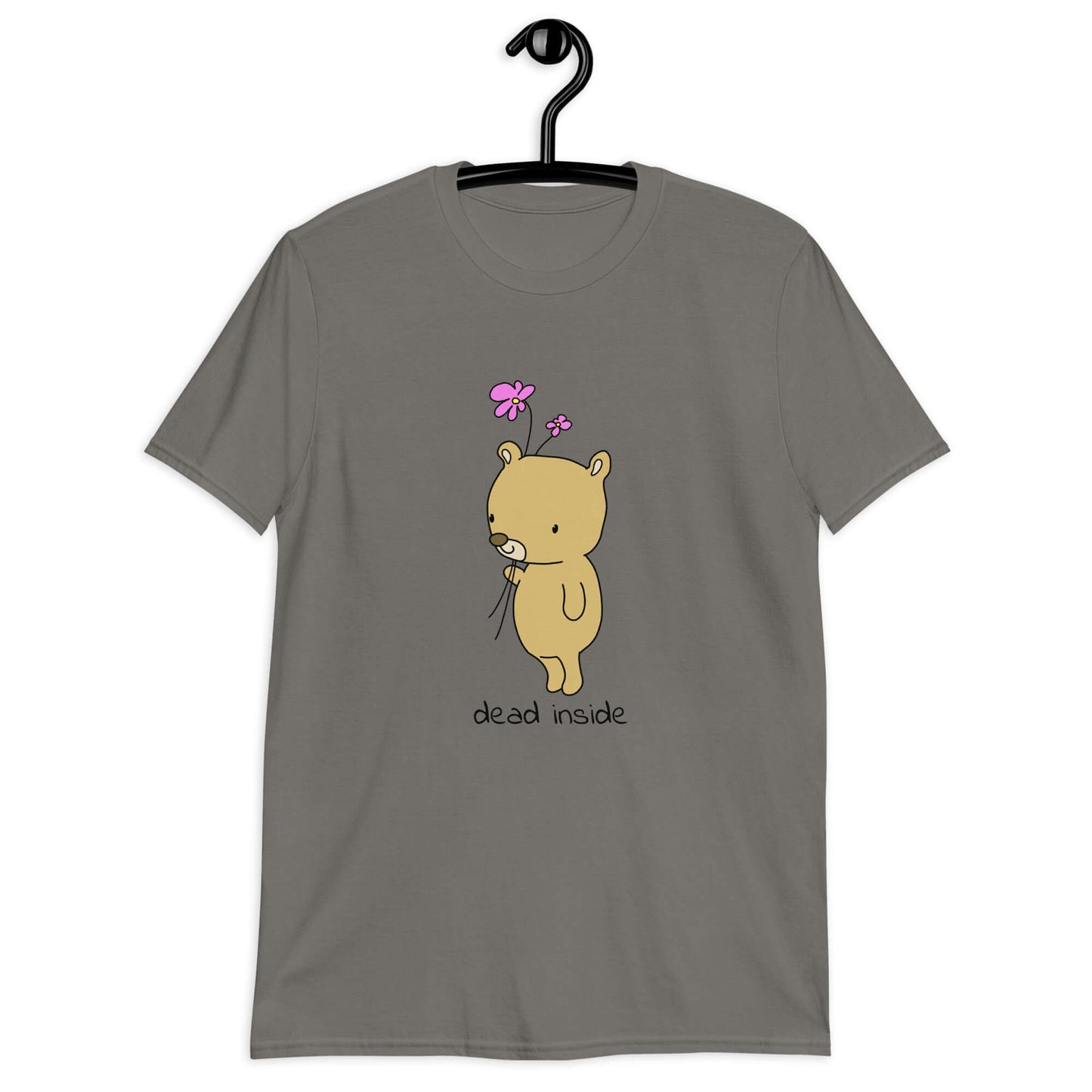 Charcoal t-shirt with an image of a cute bear holding 2 pink flowers. The words Dead inside are printed underneath the bear. The graphics are printed on the front of the shirt.