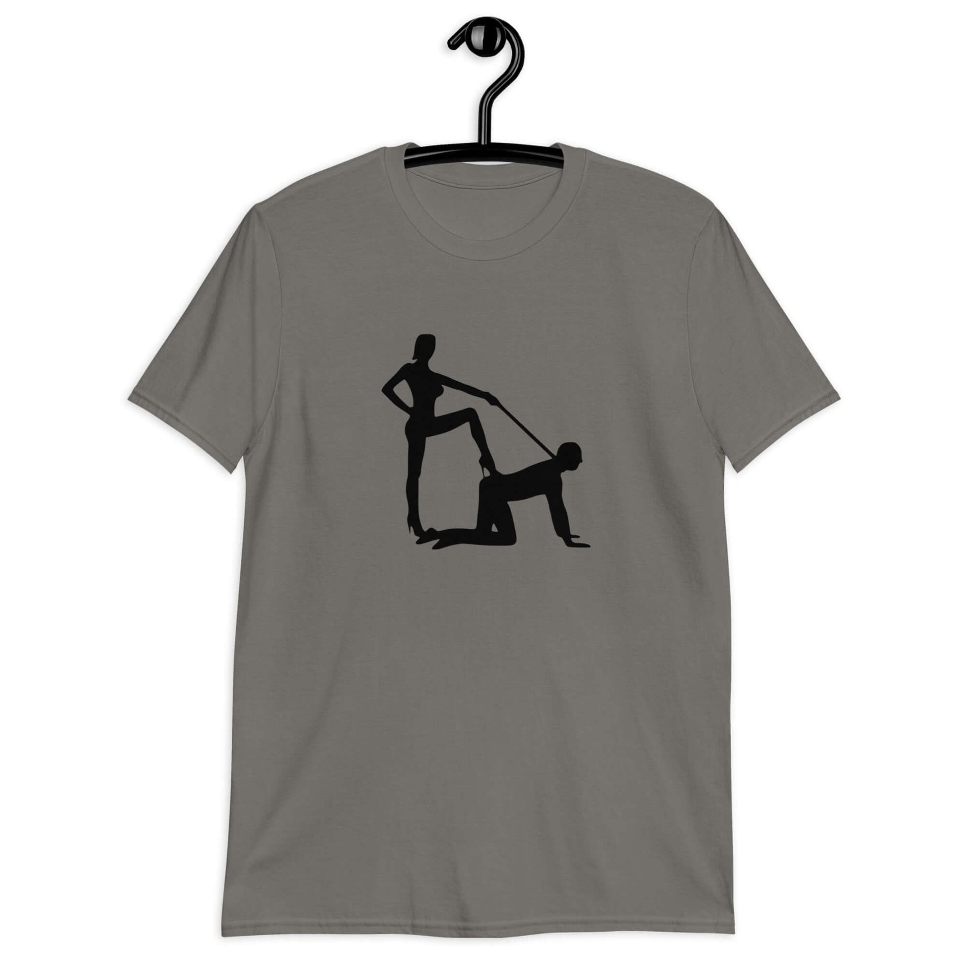 Charcoal t-shirt with the image of a silhouette of a man on his hands and knees and a dominatrix holding his leash printed on the front.