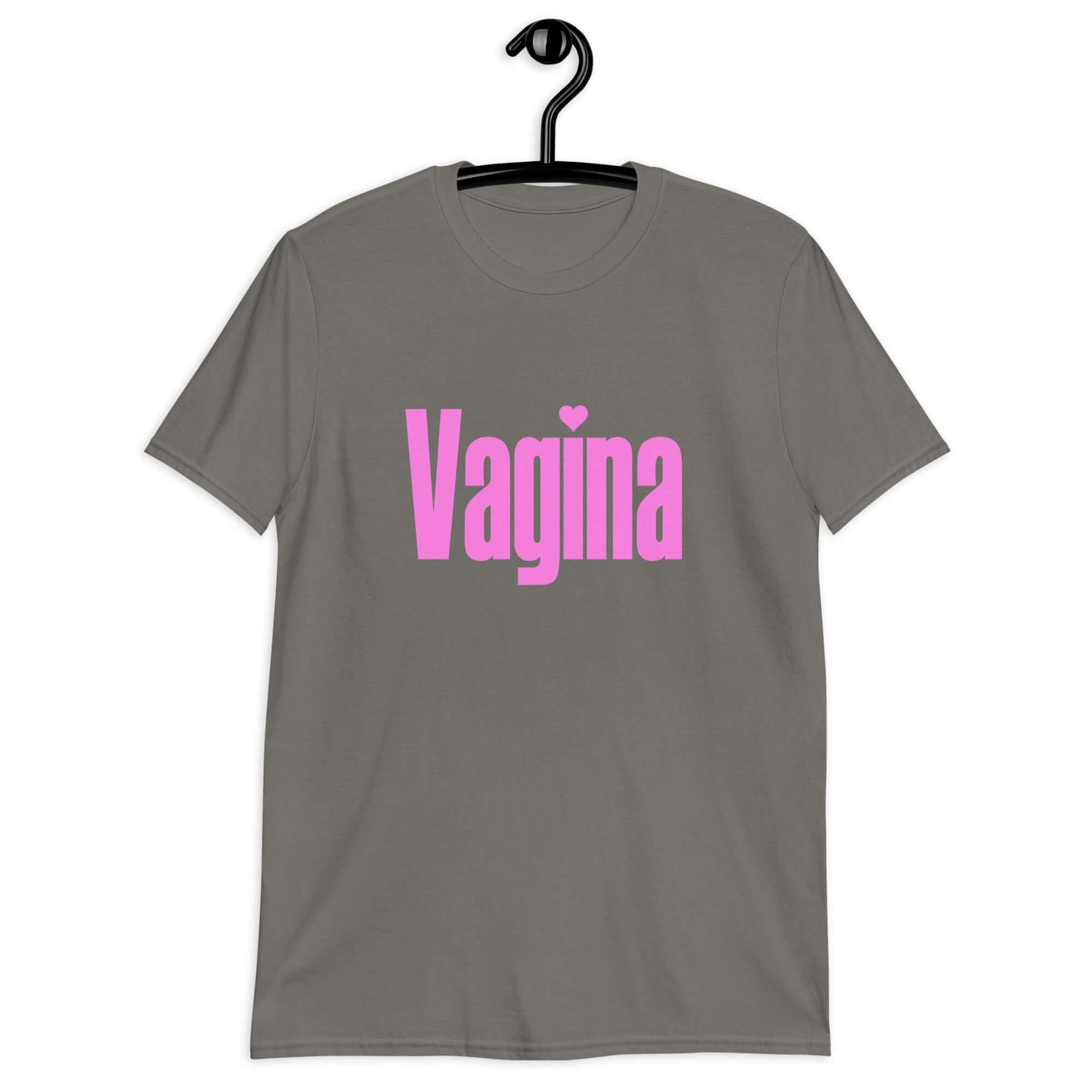 Charcoal t-shirt with the word Vagina printed on the front. The word vagina is in pink color text.