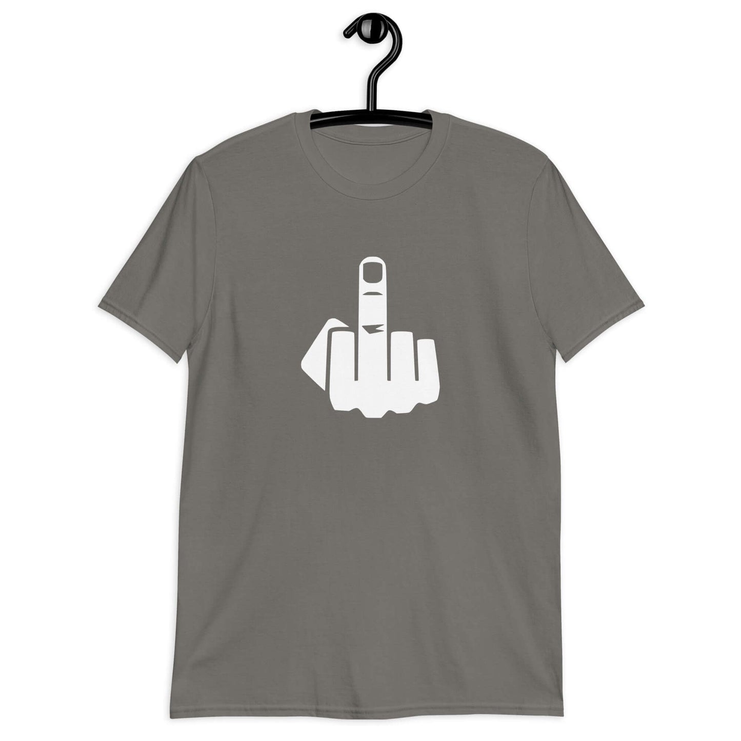 Charcoal t-shirt with an image of middle finger silhouette printed on the front.