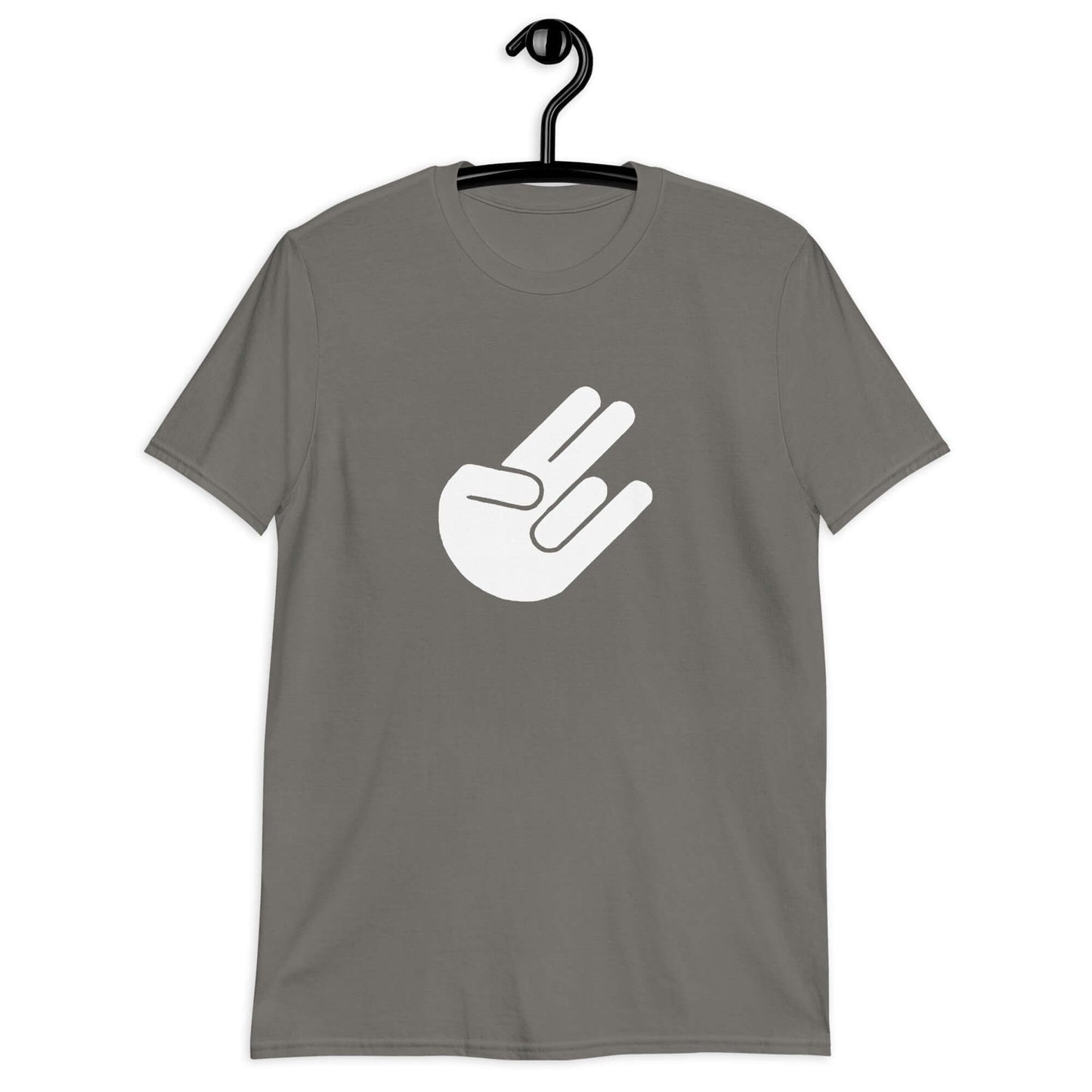 Charcoal t-shirt with the universal symbol for The Shocker printed on the front.