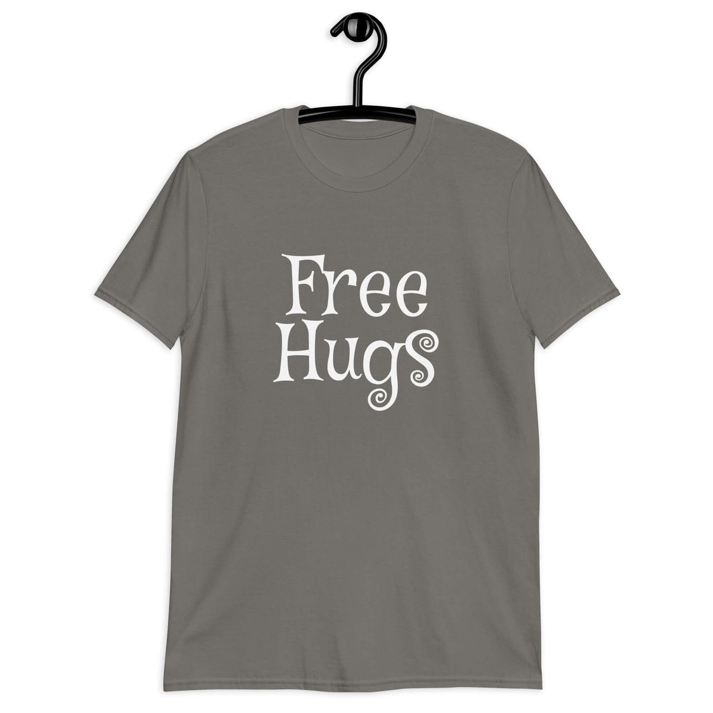 Charcoal t-shirt with the words Free Hugs printed on the front.